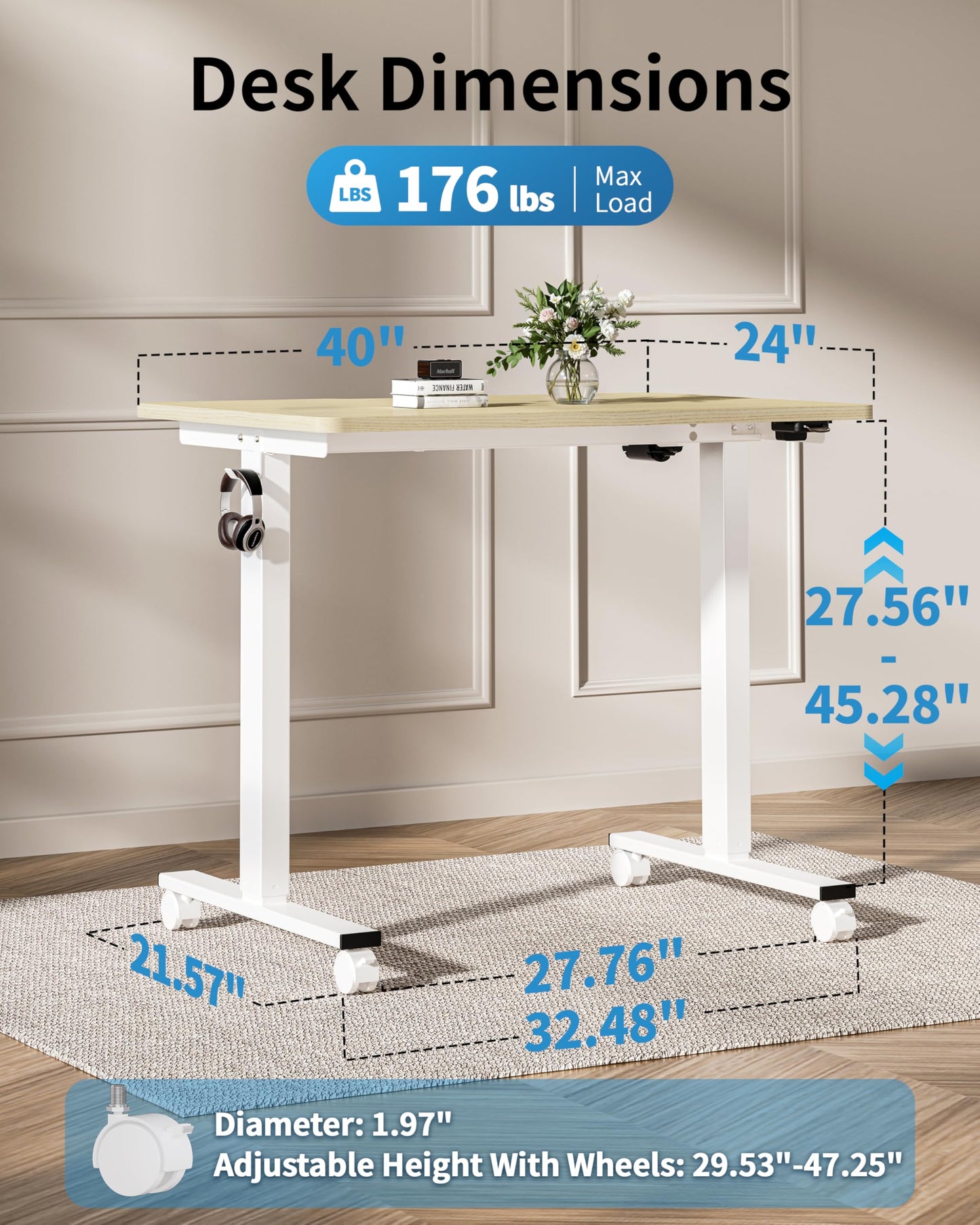 Okin Electric Standing Desk, 40 x 24 Inches Whole Piece Height Adjustable Desk, Oak Sit to Stand Desks Computer Workstation with Wheels for Home Office