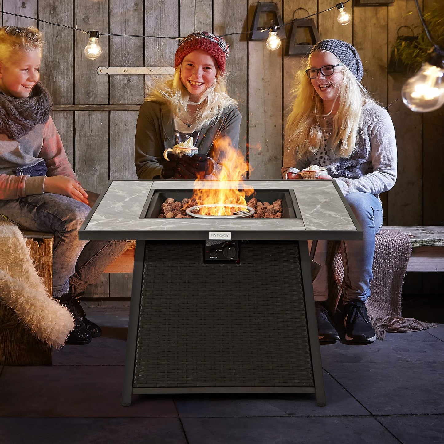 COSTWAY 35" Propane Gas Fire Pit Table, 50,000 BTU Auto-Ignition Propane Fire Pit with Lid, Lava Rocks and PVC Cover, Outdoor PE Rattan Fire Pit Table for Poolside, Garden, Balcony, ETL Certification