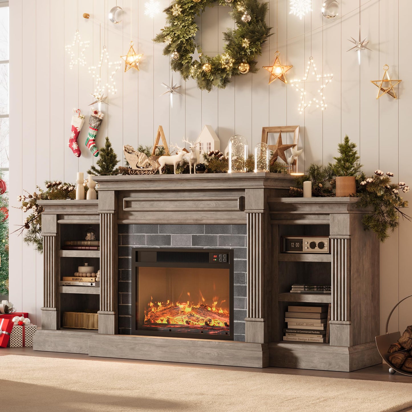 GAOMON 71 Inch Fireplace TV Stand, Wooden Entertainment Center with 23 Inch Electric Fireplace, 3D Realistic Flame, Farmhouse Media Console with Storage Cabinets for Living Room, White+Brow
