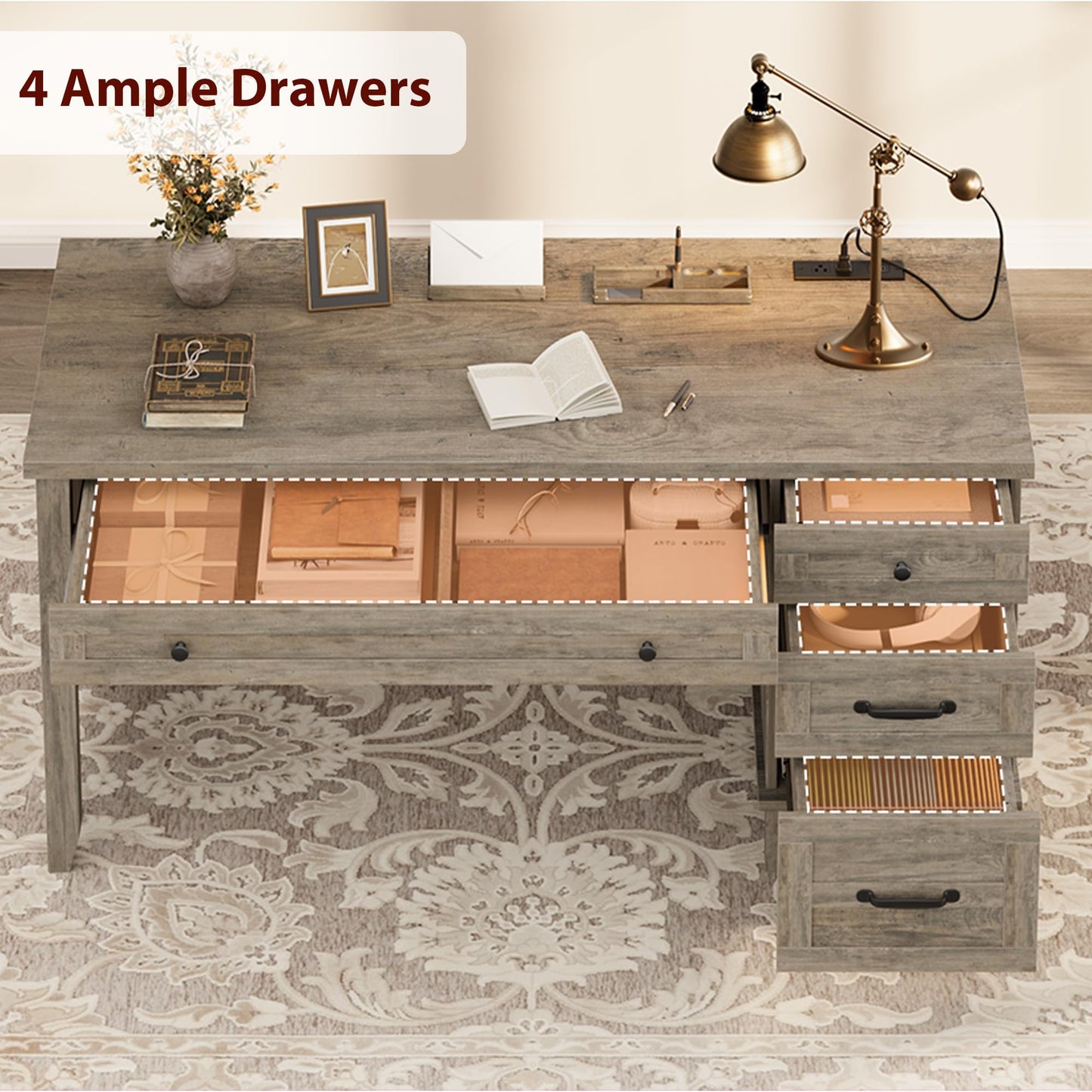 GAOMON 54.5in Wooden Executive Desk with Drawers, Office Desk Computer Table with Charging Station, Farmhouse Home Office Desk with File Cabinet Storage, for Study and Home Office, Rustic Gray