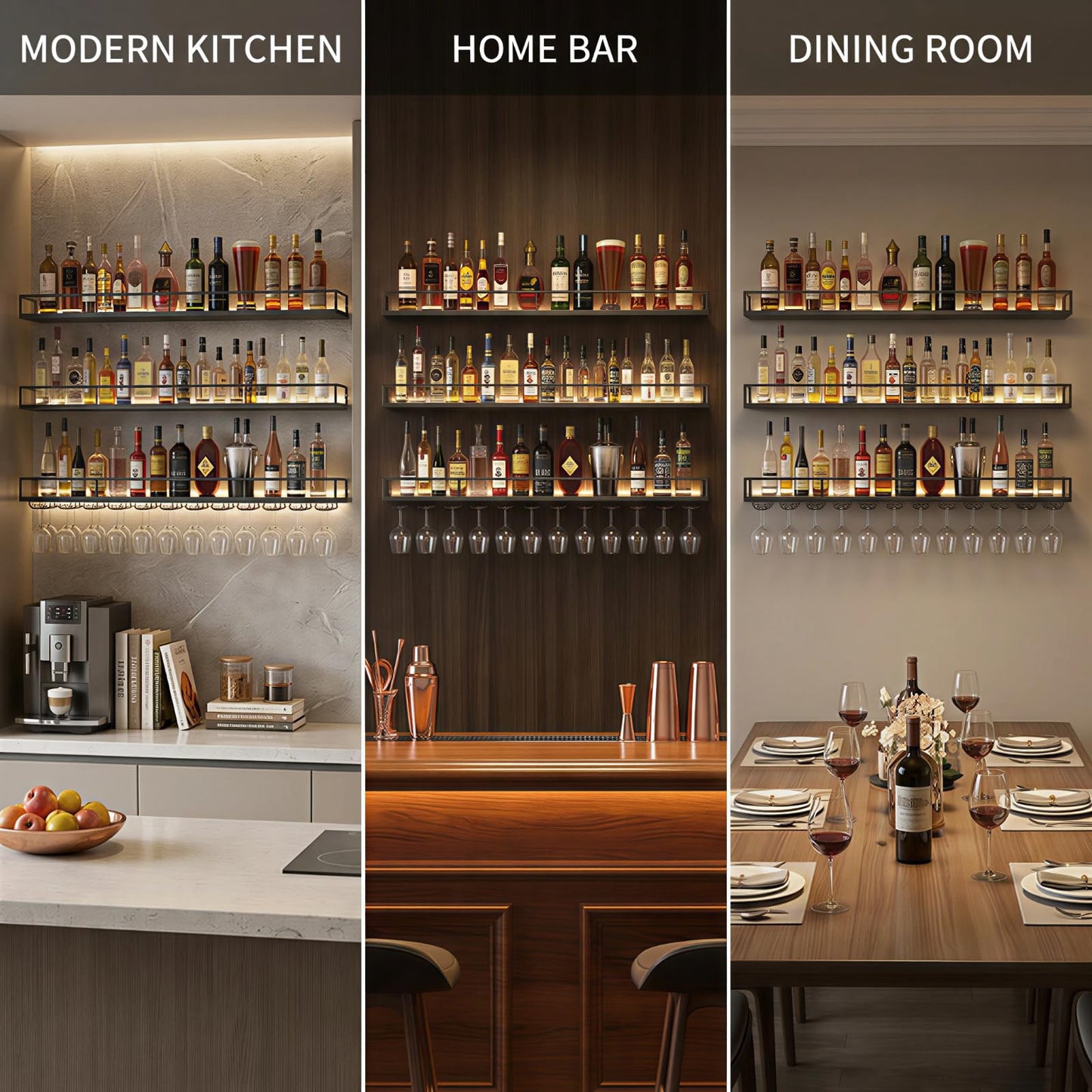 ZAOBAS 39.4" Wall Mounted Wine Rack with Lights, 3-Tier Floating Bar Shelf