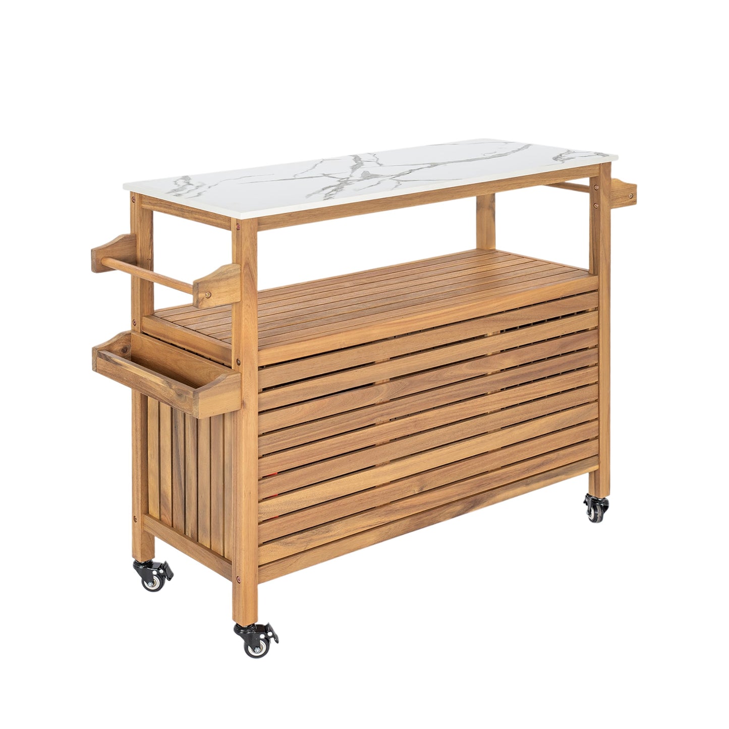 Christopher Knight Home Shina Outdoor Bar Cart with Marble-Effect Top + Lockable Wheels, Acacia Wood Outdoor Storage Cabinet with Open Shelves and 2 Doors, Kitchen Island Serving Cart, Natural