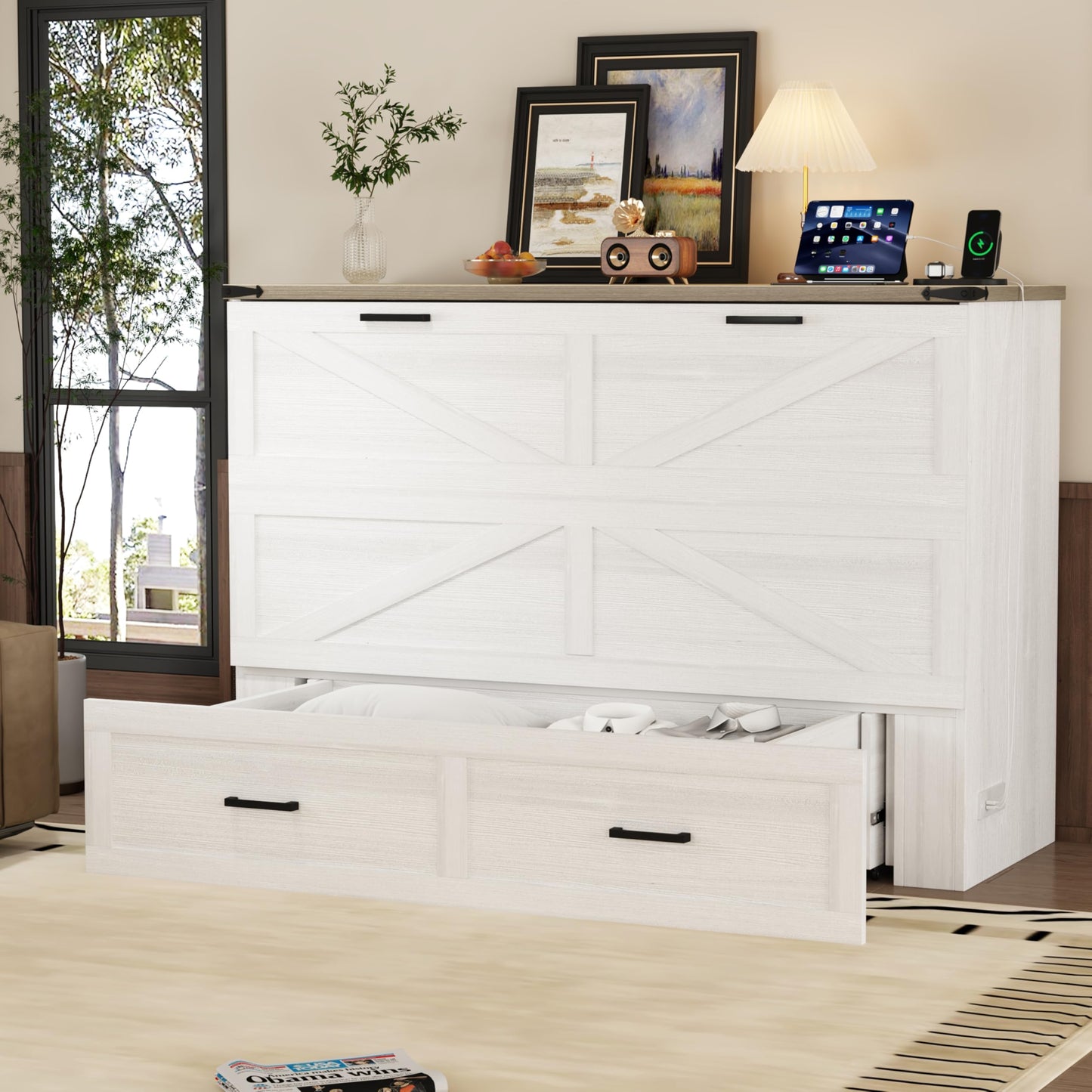 Merax Modern Farmhouse Solid Wood Murphy Cabinet Bed with Charging Station, Foldable Wall Platform Bed with Storage Drawer/No Box Spring Needed/Easy Assemble/Queen, White