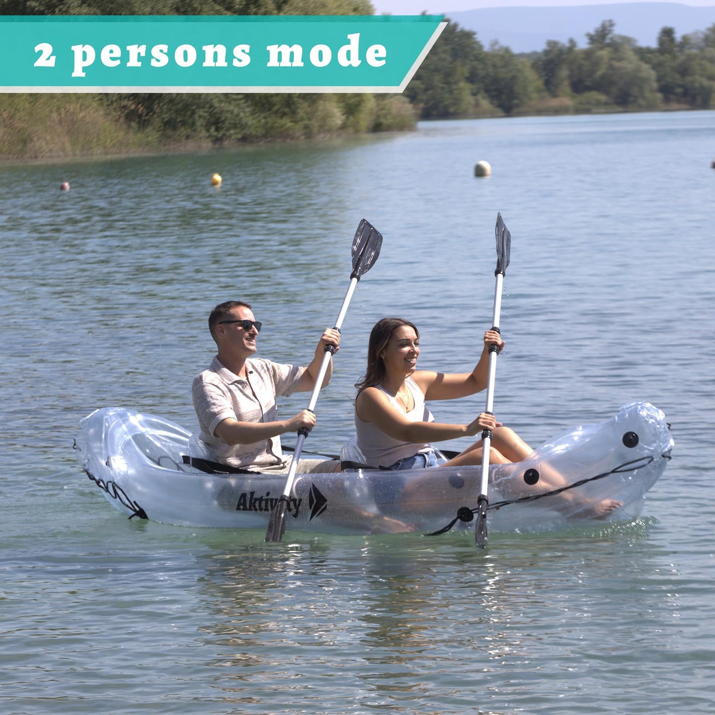 AKTIVETY - Clear Kayak - Transparent 2-Seater Inflatable Tandem for Two Adults - See-Through Style - Complete Set with Adjustable Seats, Pump, Paddles, Carry Bag & Tracking Fin