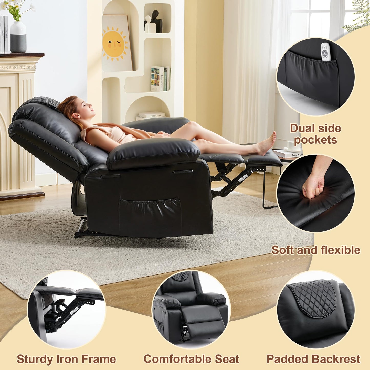 Manual Recliner Chair for Adults - 135° Front & Rear Adjustable, with Heating & Massage, Side Storage Pockets & Remote Control, Ideal for Living Room & Bedroom(Black)