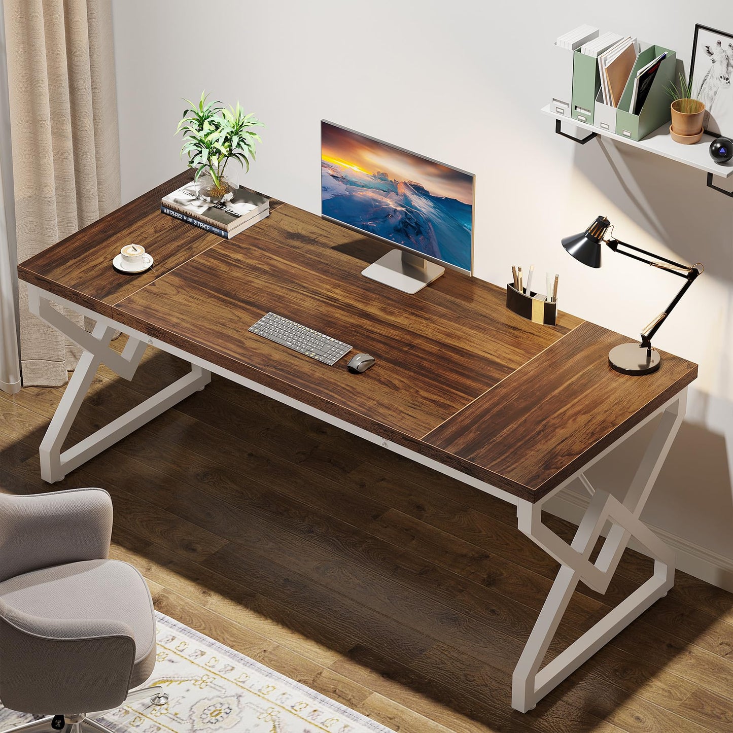 Tribesigns 63 Inch Executive Desk, Large Office Desk with Metal Frame, Ergonomic Writing Desk Computer Workstation, Modern Wood Computer Desk for Home Office, Easy Assembly (Brown+White)