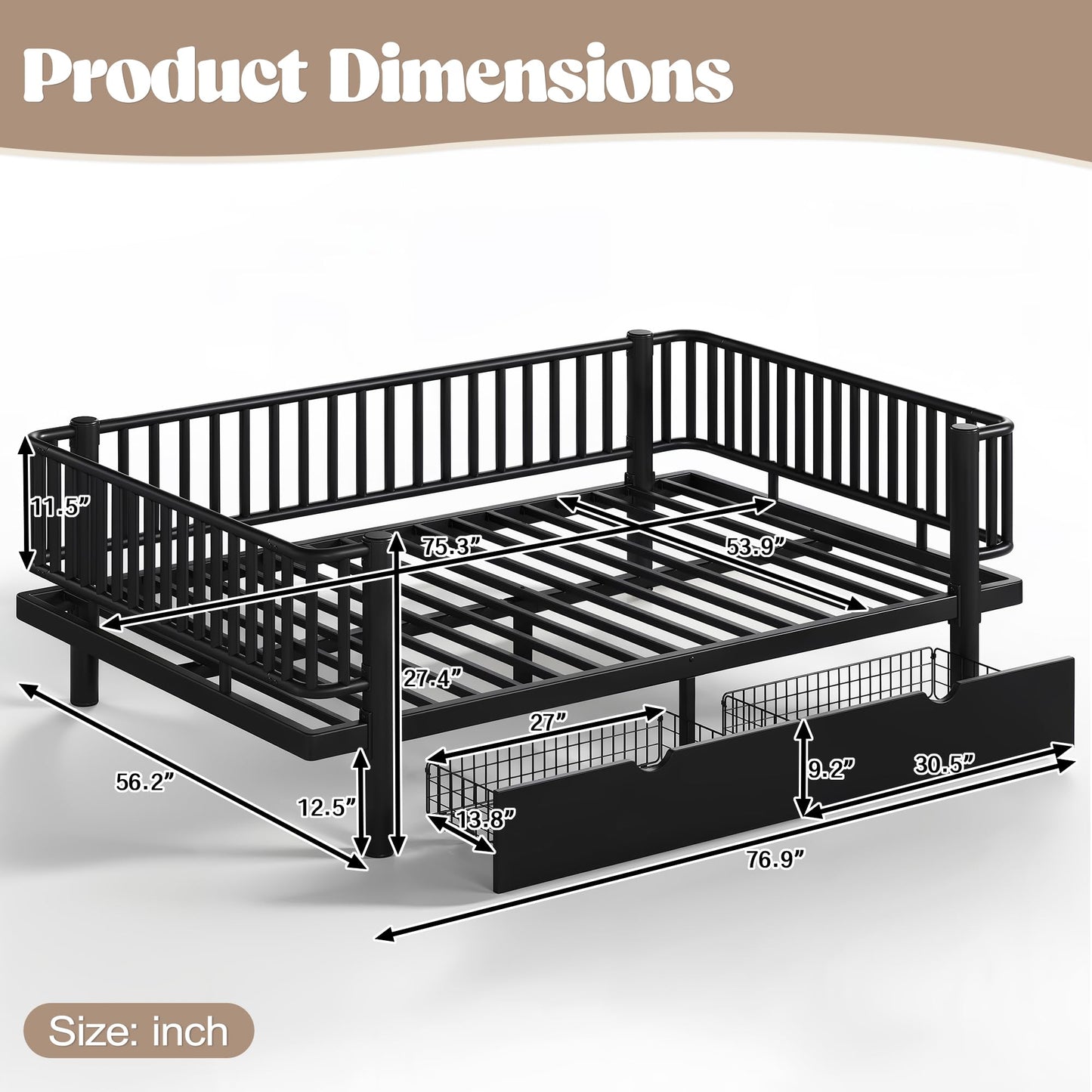 DNYN Full Size Metal Daybed Frame with Guardrails and 2 Storage Drawers for Teens Bedroom, Low-Profile Platform Bed with Upgraded Safety Round-Pipe Design, Space-Saving & No Box Spring Needed