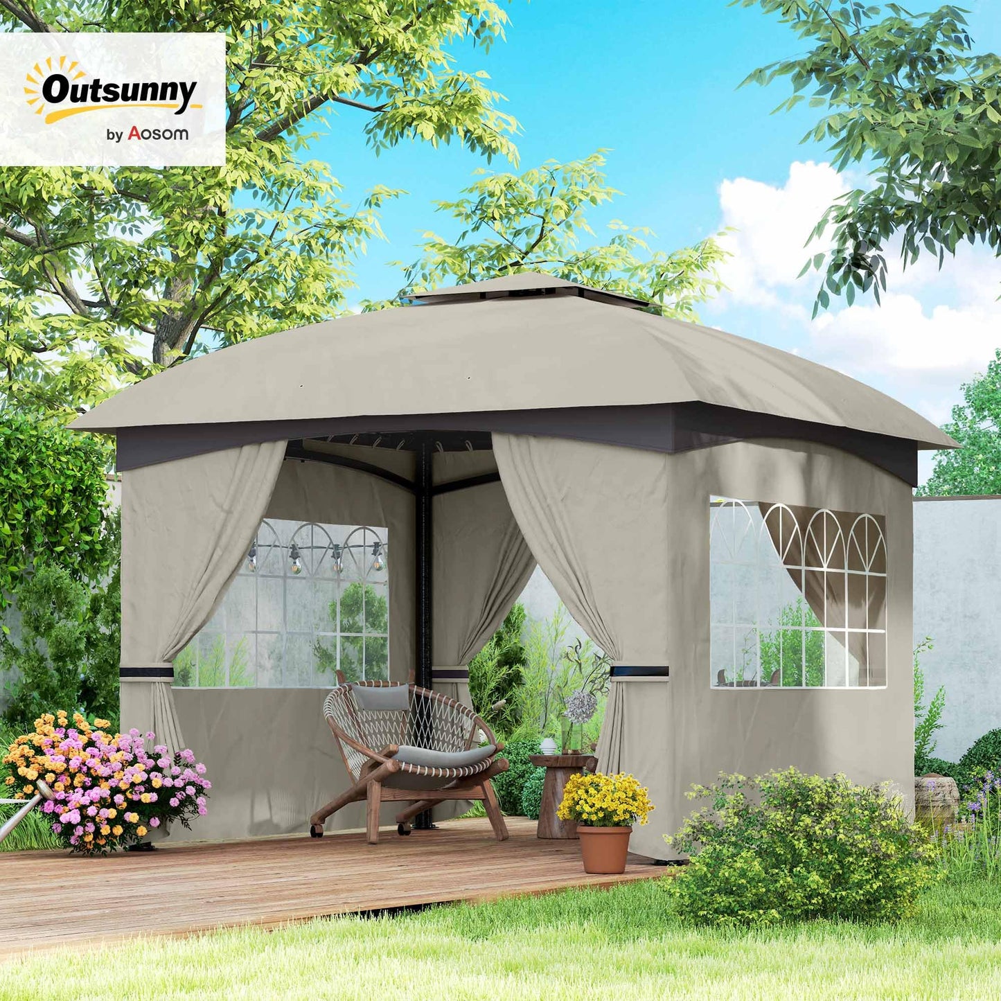 Outsunny 11' x 11' Outdoor Gazebo, Arc Patio Gazebo Canopy Shelter, UV Protected, with Curtains, Church Windows, Double Roof, Galvanized Steel Frame for Lawn, Backyard and Deck, Light Gray