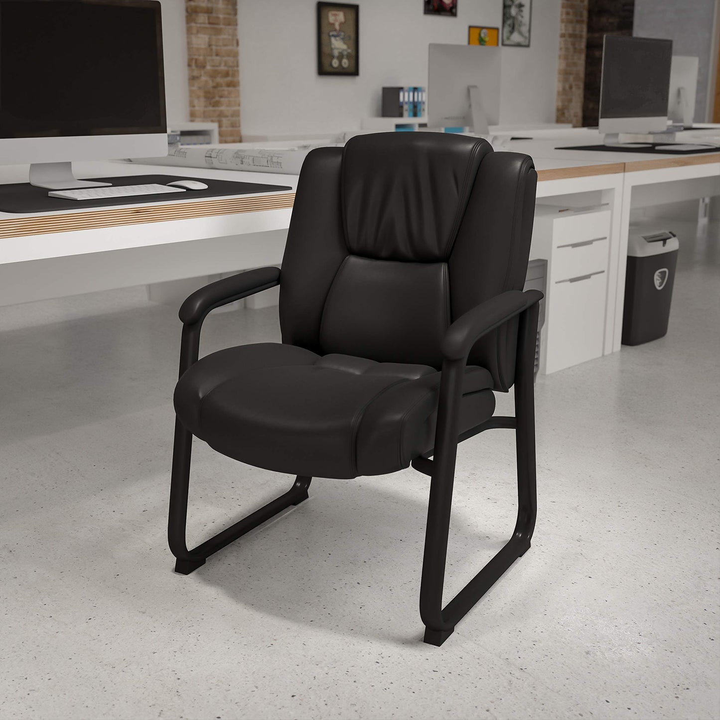 Flash Furniture LeatherSoft Executive Reception Chair with Padded Armrests and Sled Base, Upholstered Side Chair for Living Room or Office, Black