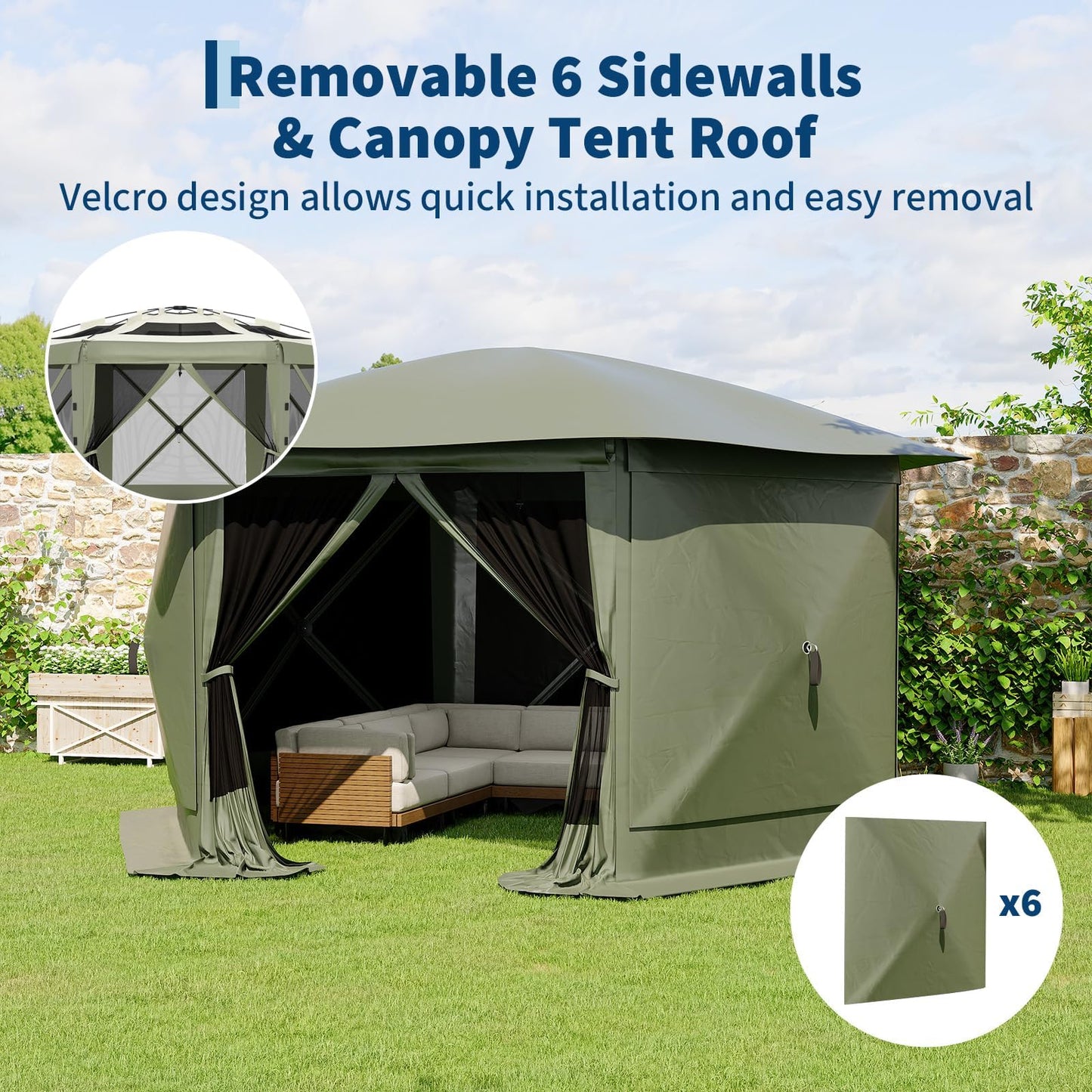 GarveeLife 11.5x11.5FT 6-Sided Pop Up Gazebo Tent，One-Push Setup Canopy Tent with Mesh Panels & Removable Wind Cloths, Outdoor shelter for Camping, Backyard Parties, Outdoor Events - Army Green