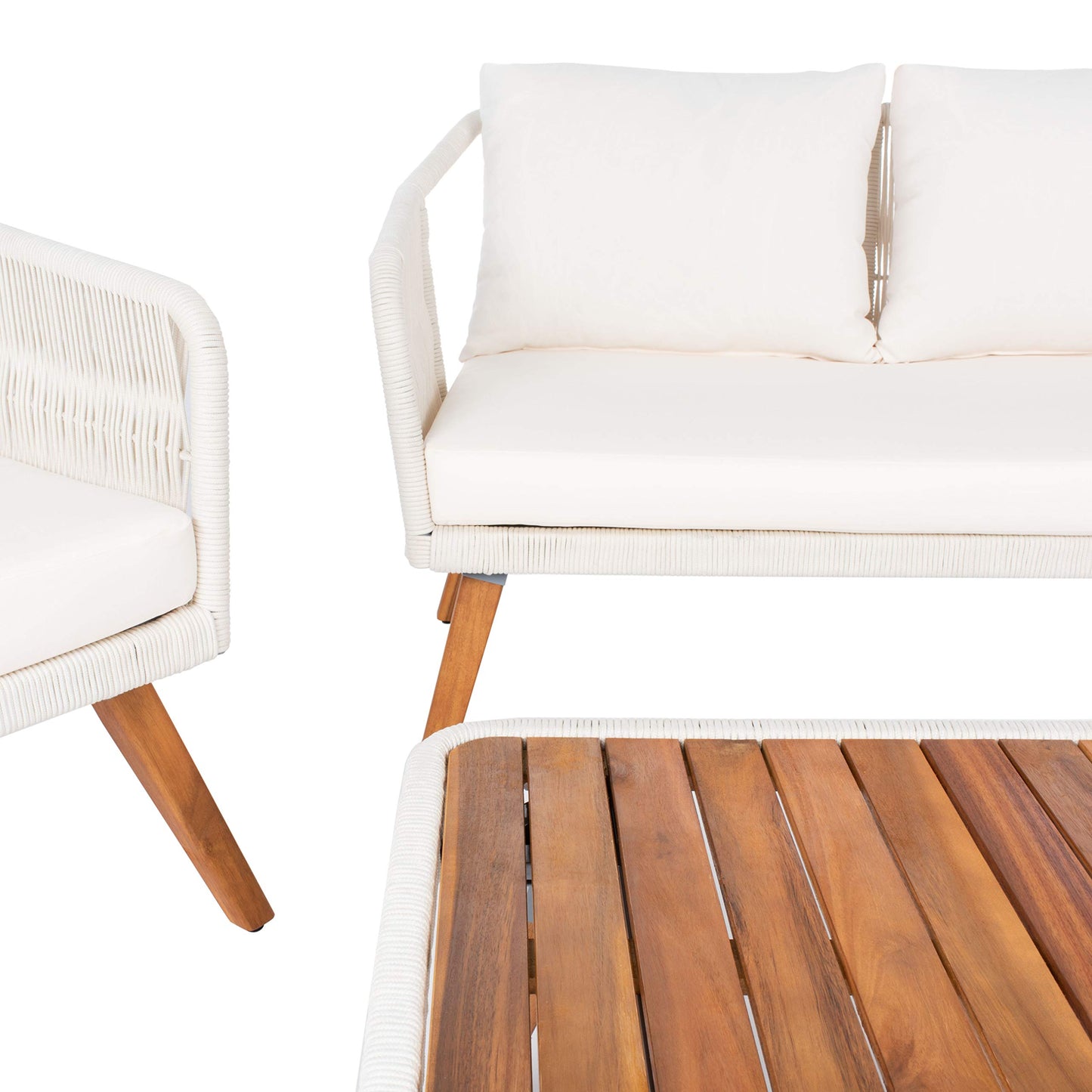 SAFAVIEH Outdoor - Raldin Beige Rope 4-Piece Patio Set, Eucalyptus Wood Conversation Set with Cushions, Outdoor Sofa, Chairs & Coffee Table (PAT7049D)