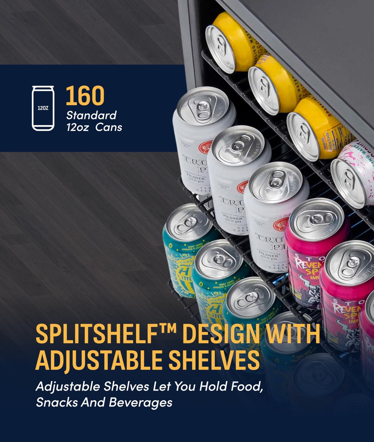 NewAir 160 Can Beverage Refrigerator | Freestanding Small Mini Fridge for Bedroom, Home Bar or Living Room | SplitShelf Storage, Digital Thermostat & LED Light | Stainless Steel