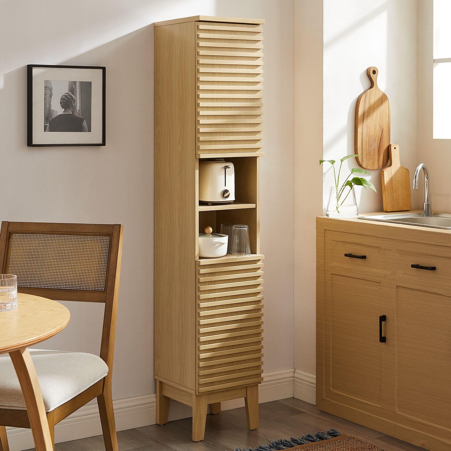Modway Render Tall Narrow Bathroom Storage Tower in Oak - 63” Freestanding Linen Cabinet with Open Shelves and 2 Soft-Close Doors - Slim Towel and Makeup Organizer