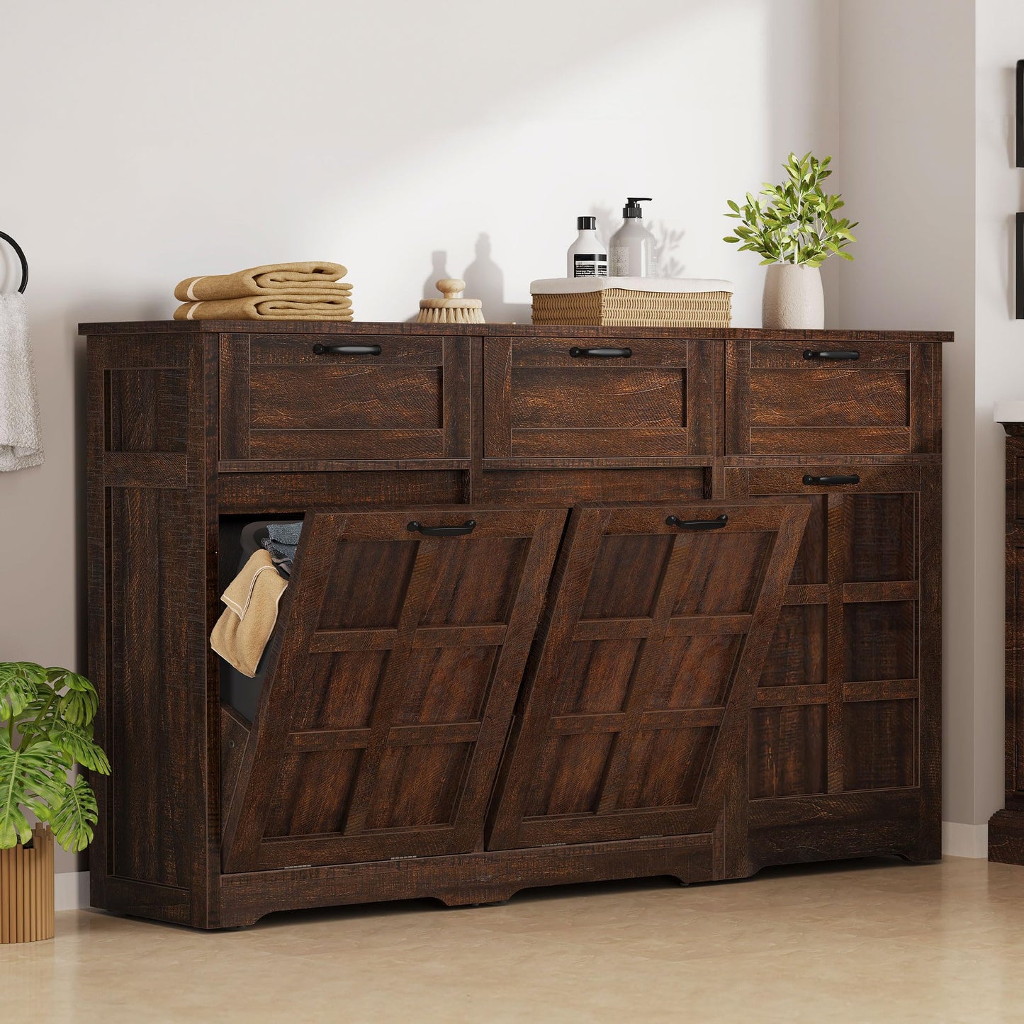 DWVO 58.3" Rustic Kitchen Island Storage Cabinet, Tilt Out Trash Can Cabinet, Farmhouse Kitchen Island with 3 Drawers, 2 Tilt-Out Doors for 10 Gallon Bins, Adjustable Shelf