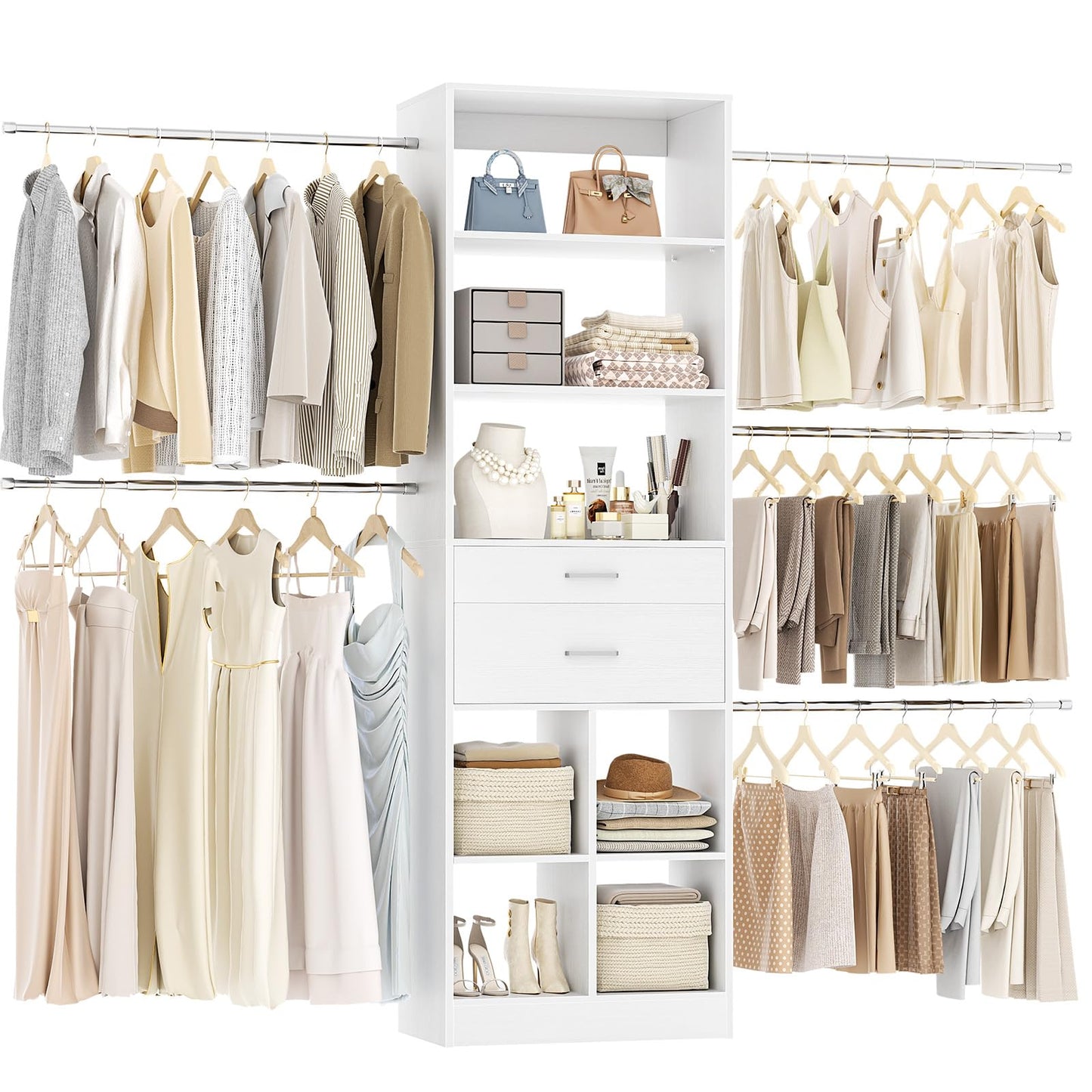 Besiost Closet System, 4-8 FT Closet Organizer Tower with 2 Wooden Drawers and 5 Hanging Rods, Can Fit 60 to 96 inch Walk-in Closet System, White