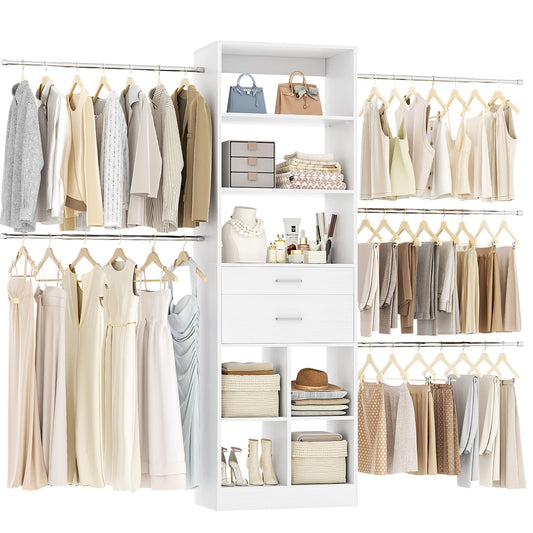 Besiost Closet System, 4-8 FT Closet Organizer Tower with 2 Wooden Drawers and 5 Hanging Rods, Can Fit 60 to 96 inch Walk-in Closet System, White