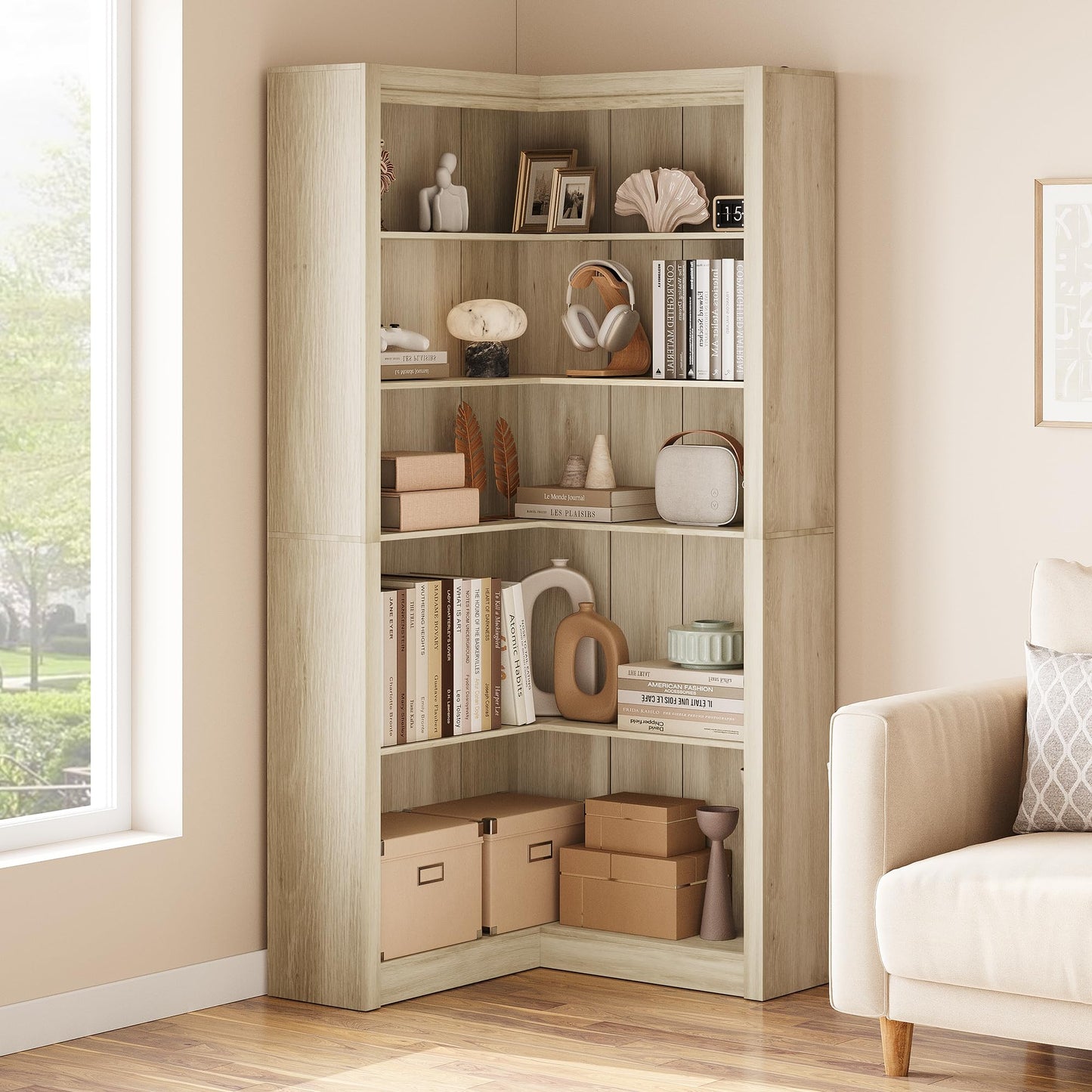 GarveeHome Corner Bookshelf, 71.8 in Farmhouse Corner Bookcase, L-Shaped Bookshelf Large Bookcase, 5 Tier Display Shelf Heavy Duty Bookcases, Bookshelves with Storage (Light Wood)