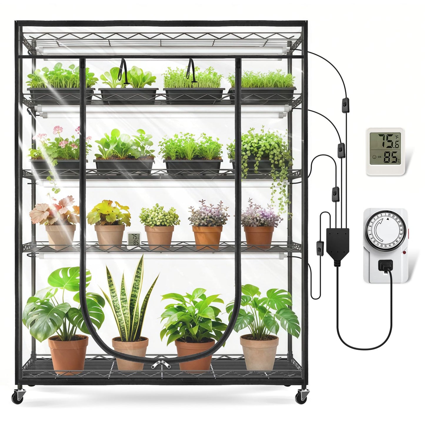 JESLED Indoor Greenhouse with Grow Light, 4FT Full Spectrum 5000K LED Light for Seed Starting, Tiered Lighting Control, Built-in Timer & Thermo-Hygrometer, Rolling Metal Plant Stand (47.2x13.8x70IN)