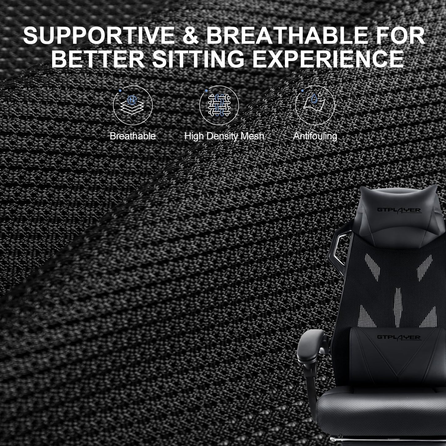 GTPLAYER Gaming Chair, Computer Chair with Mesh Back, Ergonomic Gaming Chair with Footrest, Reclining Gamer Chair with Adjustable Headrest and Lumbar Support for Gaming and Office (Black)