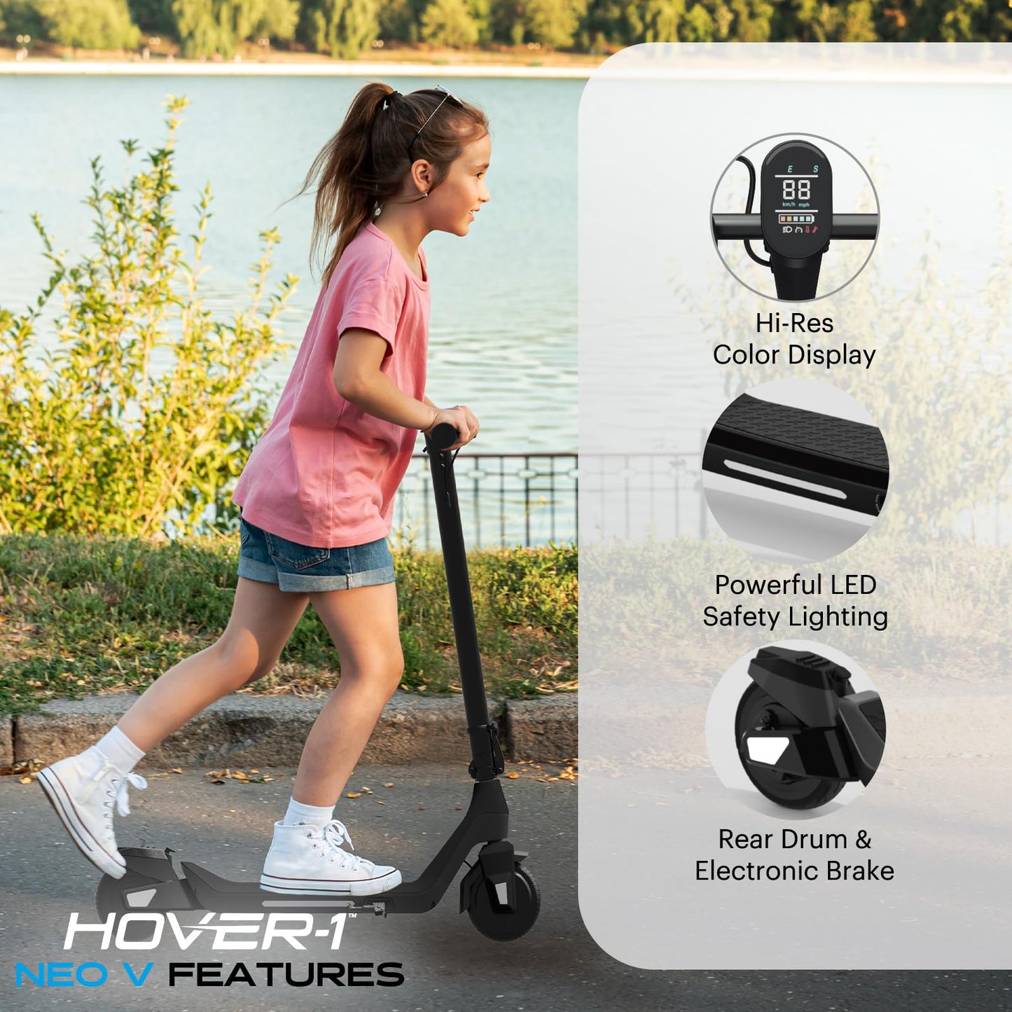 Hover-1 Neo V Foldable Electric Scooter with 250W Rated Brushless Motor, 16 mph Max Speed, 6.5” Wheels, 9 Mile Range Commuting Scooter for Kids & Teens