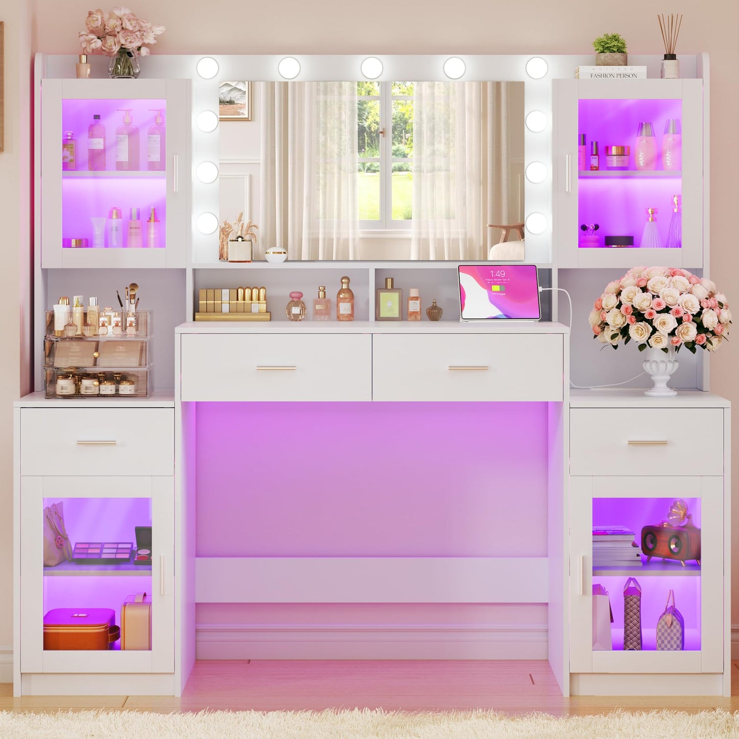 HUAHUU Large Vanity Desk with Mirror & Lights, 54.3'' Makeup Vanity with 4 RGB Cabinets and 4 Drawers, White Vanity Set with LED Lights and Power Outlet, 3 Lighting Modes, Adjustable Brightness