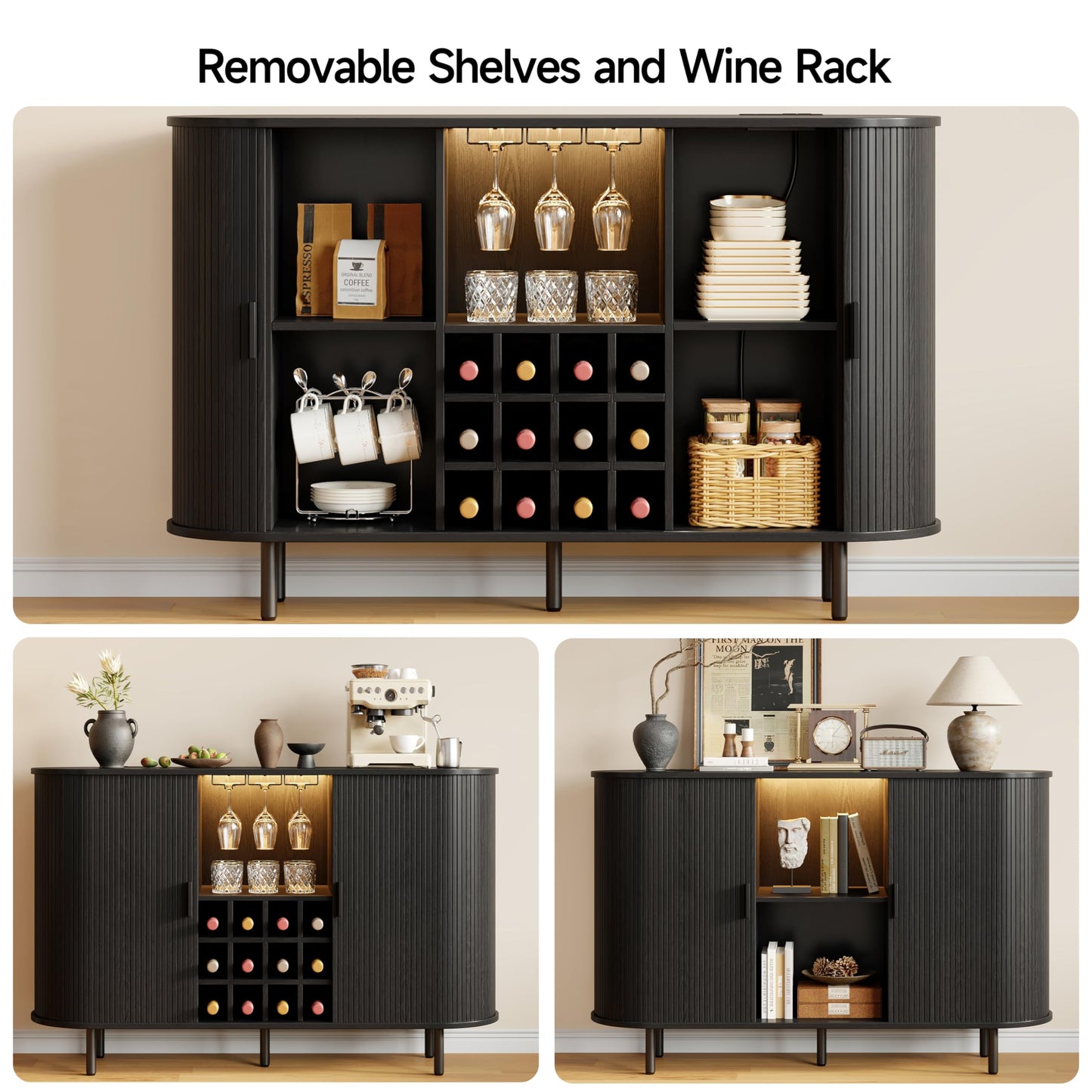 55" Wine Cabinet, Fluted Coffee Bar Cabinet with LED Light, Modern Liquor Coffee Station with Power Outlet, Wine Rack & Glass Holder, Sliding Door Buffet Sideboard Table for Home, Living Room, Black