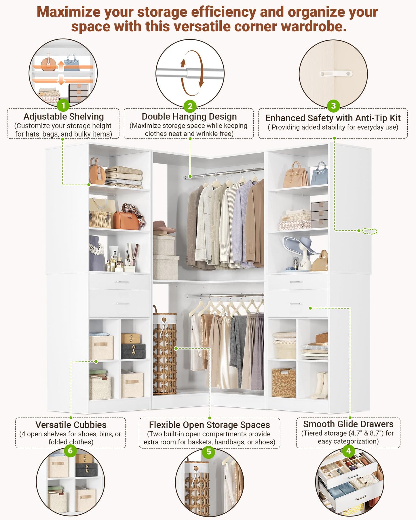 Besiost Closet System with 4 Drawers, 53.5" * 53.5"/ 31.5"*75.5" Closet Organizer System with Corner Tower, L Shaped Walk-in Closet System, Corner Closet System with Shelves, Set of 3, White
