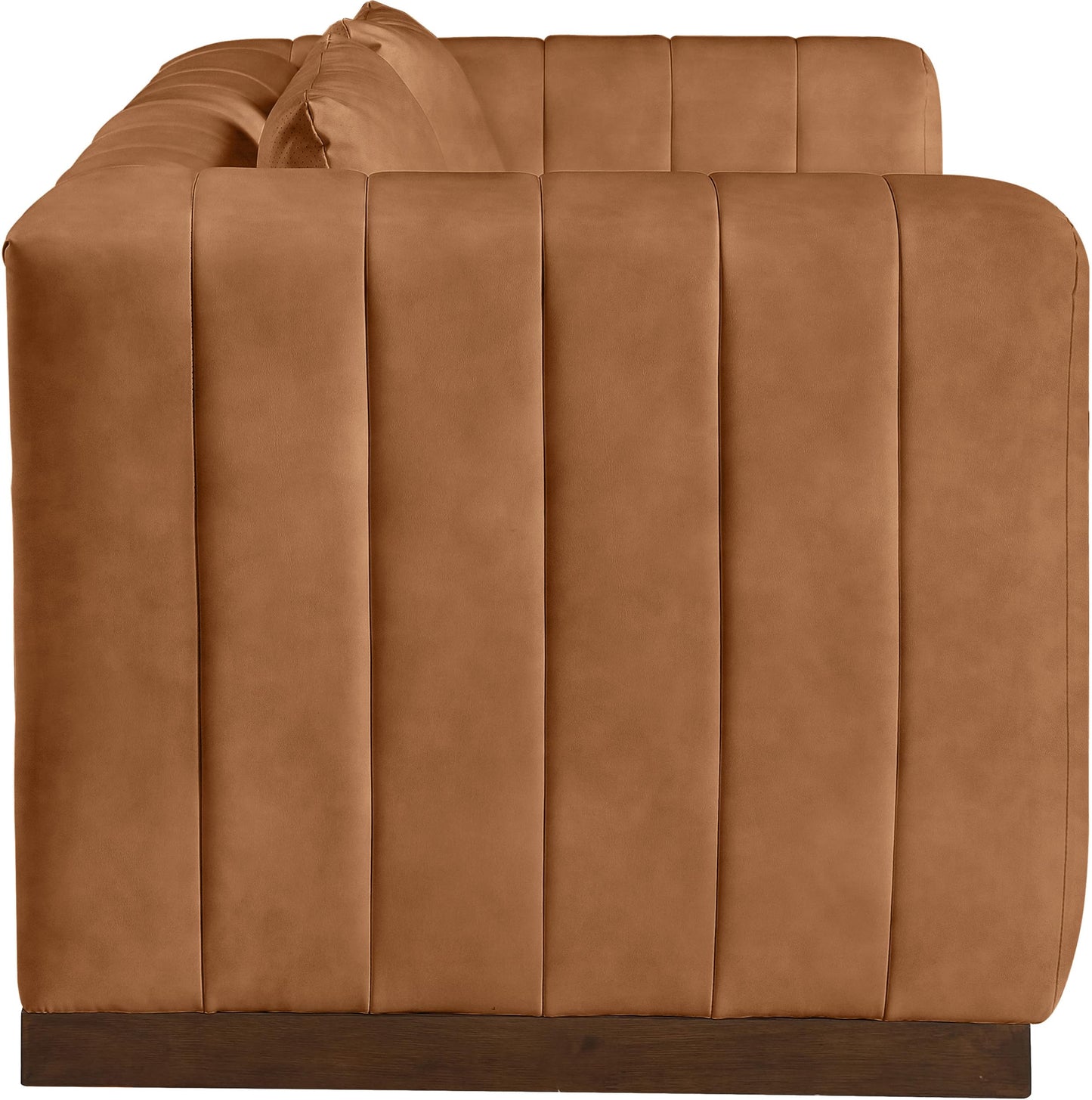 Meridian Furniture 44098Cognac-L Mallina Collection Modern | Contemporary Loveseat with Soft Cognac Vegan Leather, Walnut Finish Solid Wood Base, Deep Channel Tufting, 67" W x 36" D x 28.5" H, Cognac