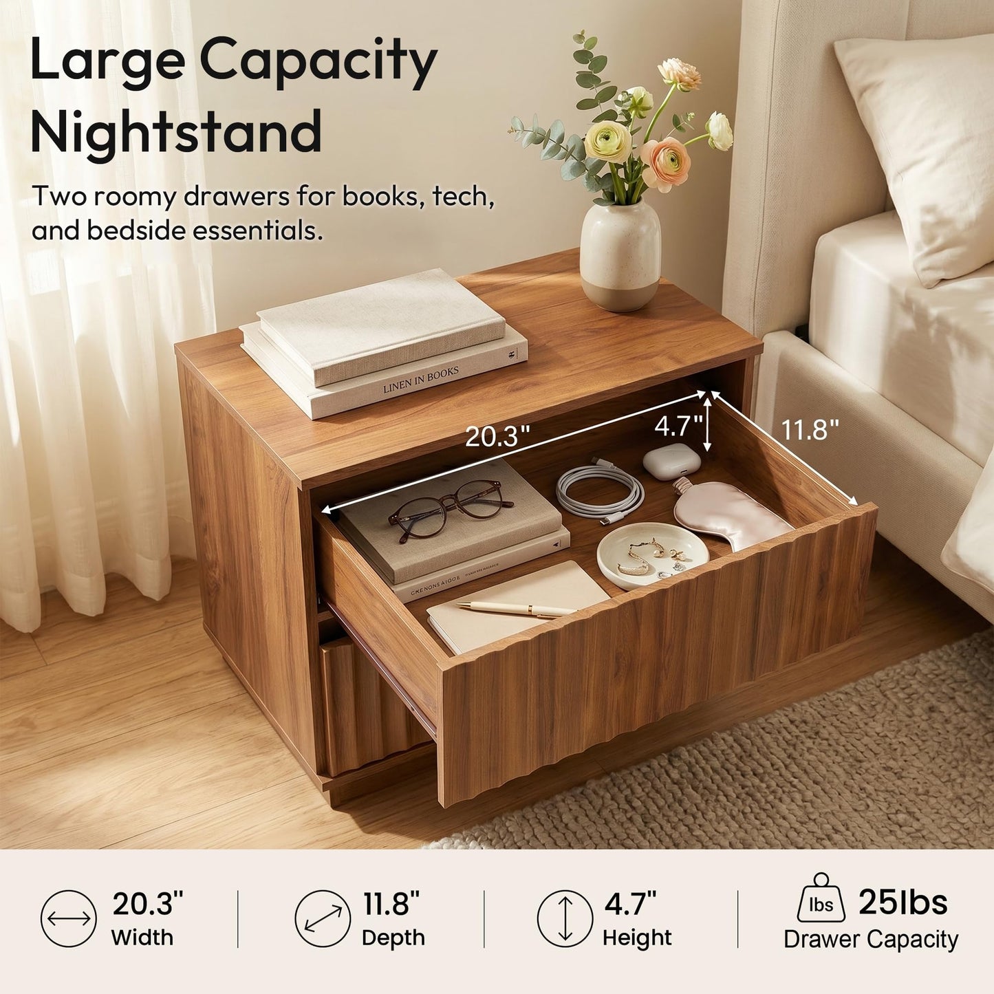 FurniXpress Fluted Nightstands Set of 2, 23.6" Wide Walnut Brown Mid-Century Modern Bedside Tables with 2 Drawers, Handleless Night Stand for Bedroom