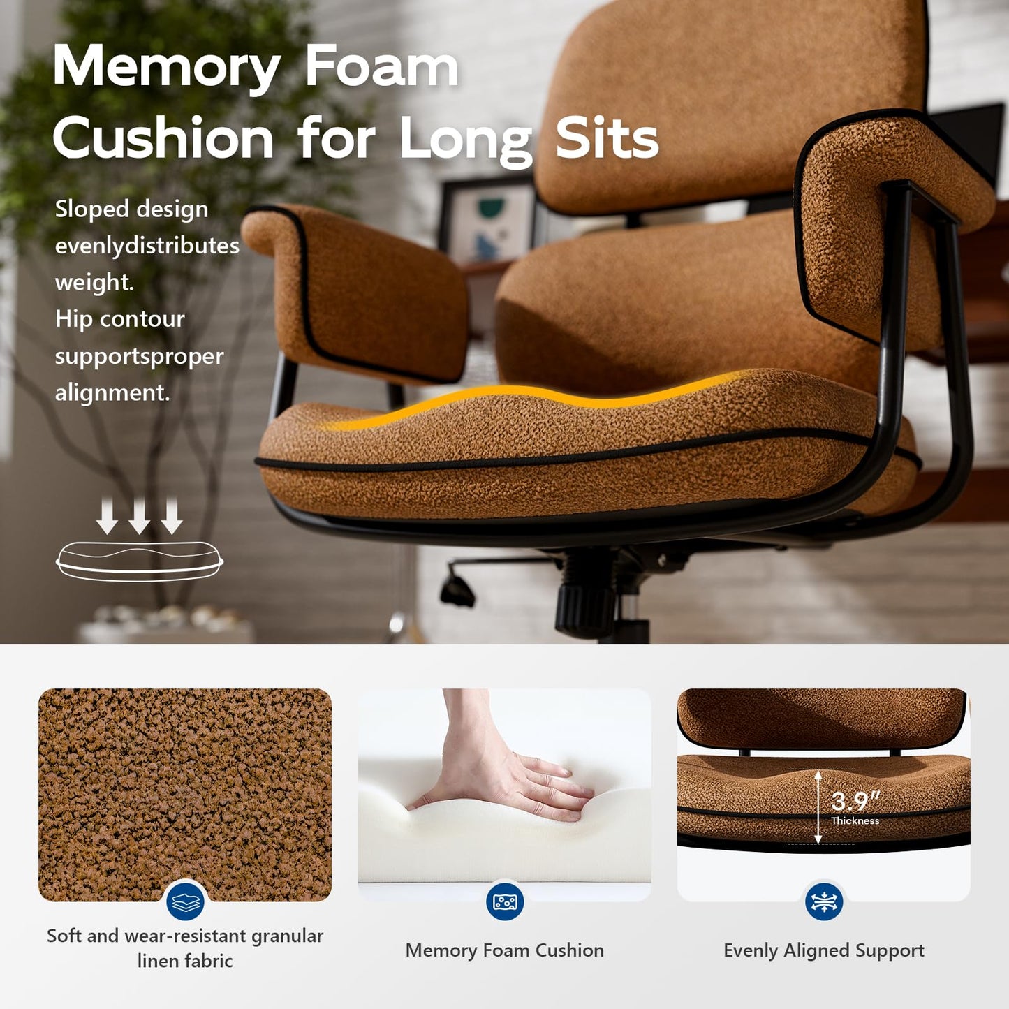 HomeZeer Brown Office Chair with Memory Foam Cushion, Fabric Office Chair with Wheels and Arms, Mid Century Modern Desk Chair with Adjustable Height and Granular Linen
