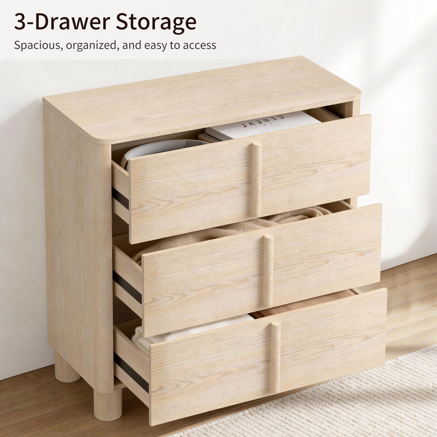 Hotmeily 31.5" Wide 3 Drawer Nightstand, Wood Grain Chest of Drawers, Large Bedside Storage Cabinet with Drawers for Bedroom, Curved Design with Rounded Wood Handles,Natural Wood