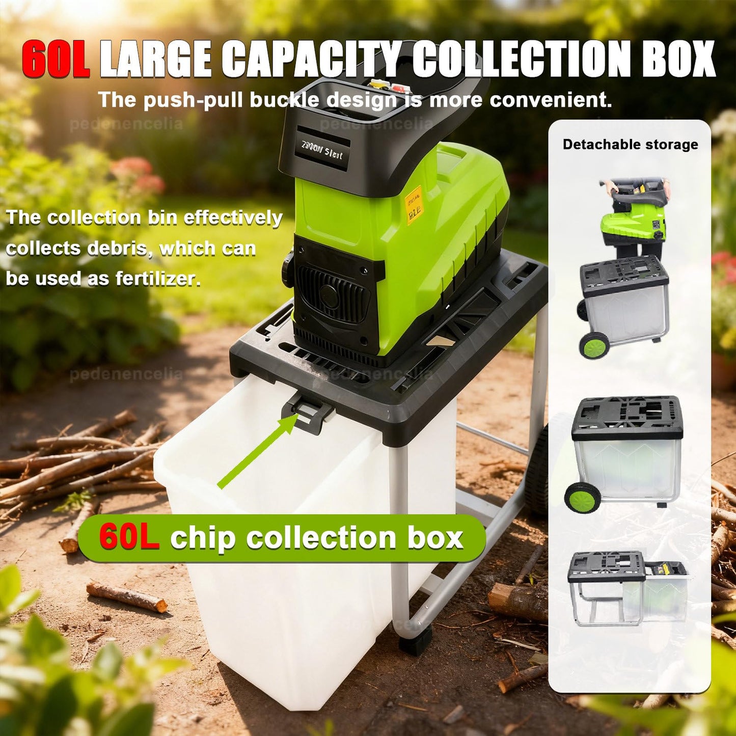 pedenencelia Garden Shredder Electric 2800w, with 60l Detachable Collection Box, 5000rpm Mulcher for 45mm/1.77" Branches, Wood Chipper with New Hobbing Cutter Head, for Garden Debris and Branches