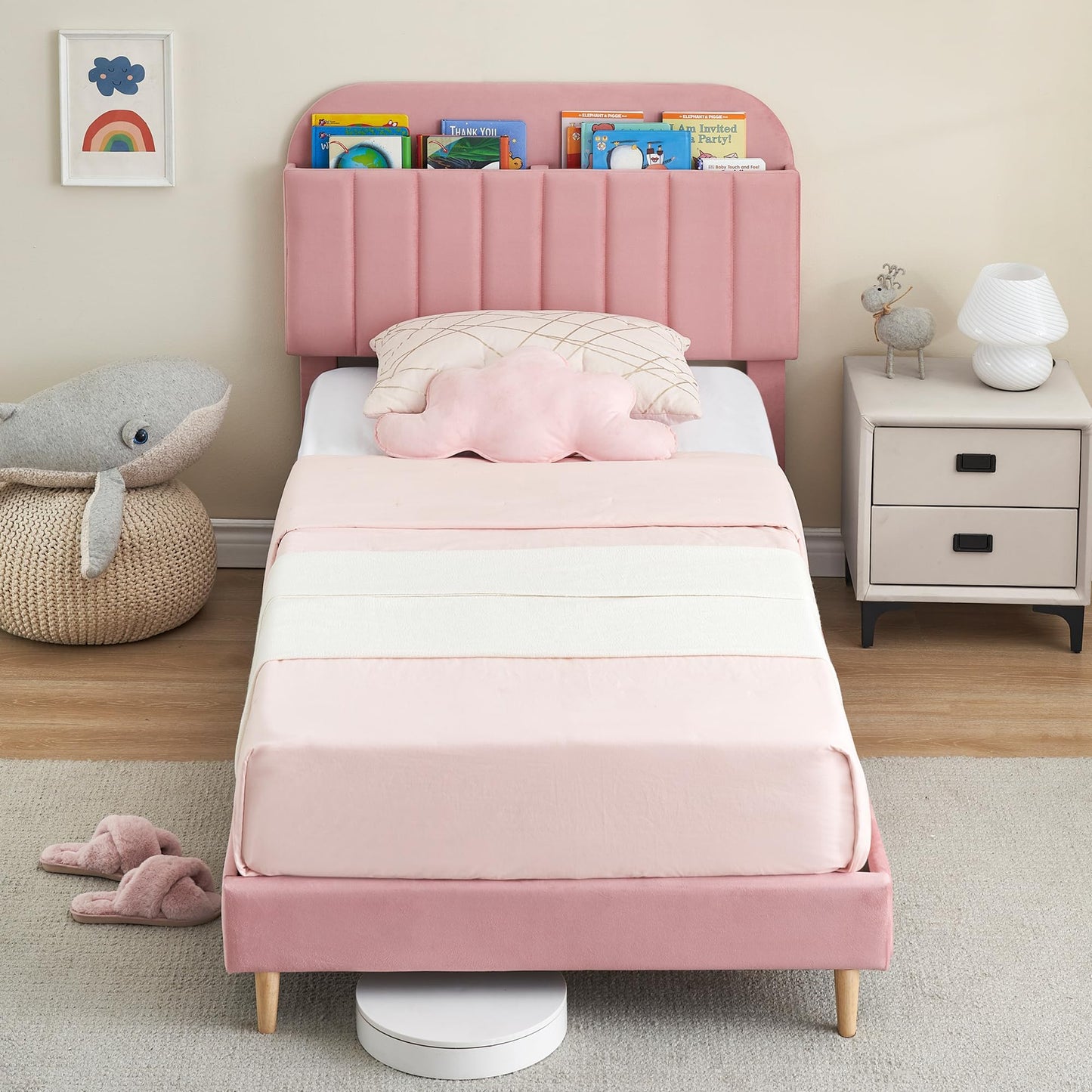GarveeHome Full Bed Frame with Storage Headboard, Velvet Upholstered Platform Bedframe for Kids, Girl Bed, Strong Wooden Slats, Noise-Free, Easy Assembly, No Box Spring Needed, Light Pink