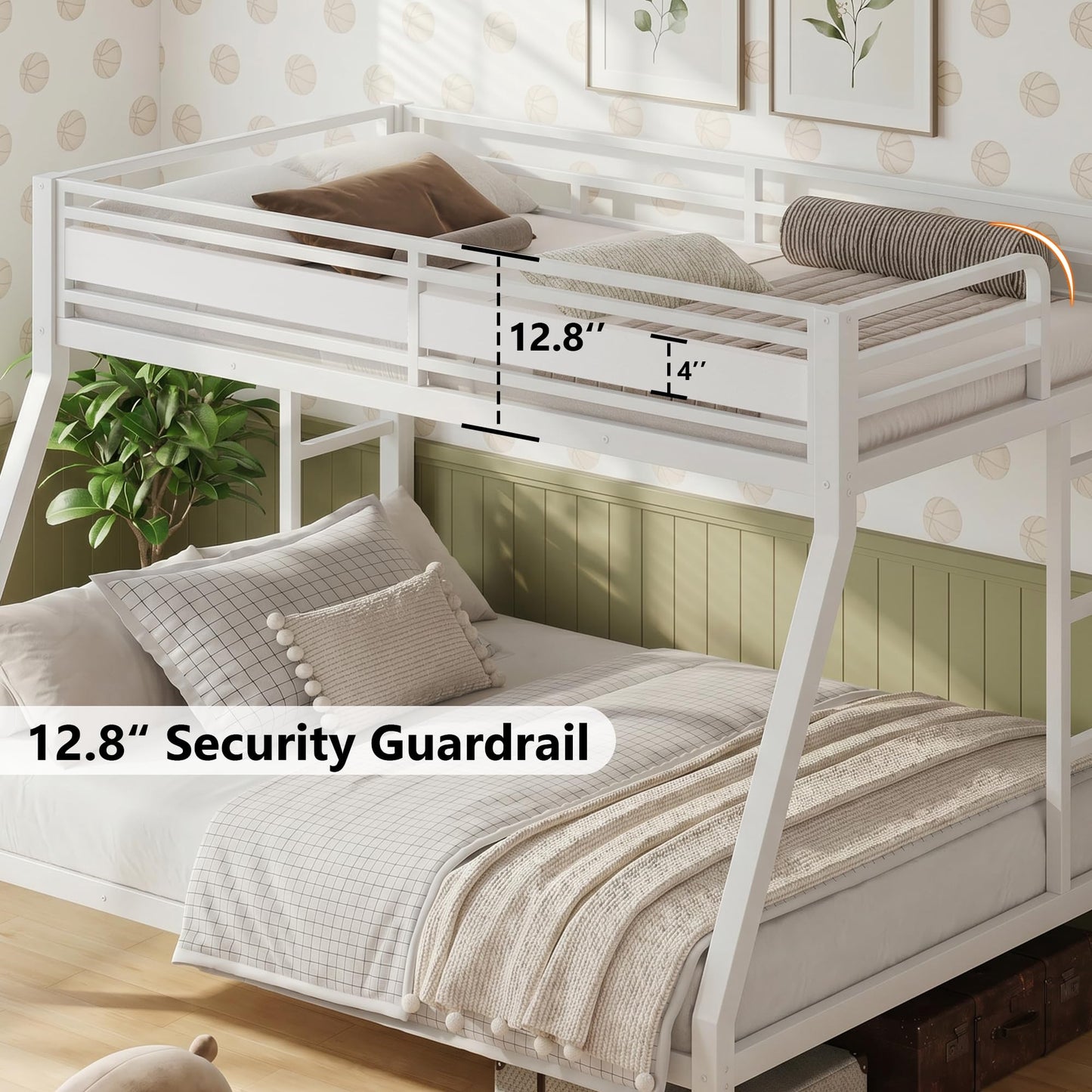 iPormis Heavy Duty Twin Over Full Bunk Beds, Metal Twin Bunk Bed Frame with 12.8" Guardrails, Loft Bed Frame for Kids and Teens, Reversible Ladder, Under Bed Storage Space, No Box Spring Needed, White