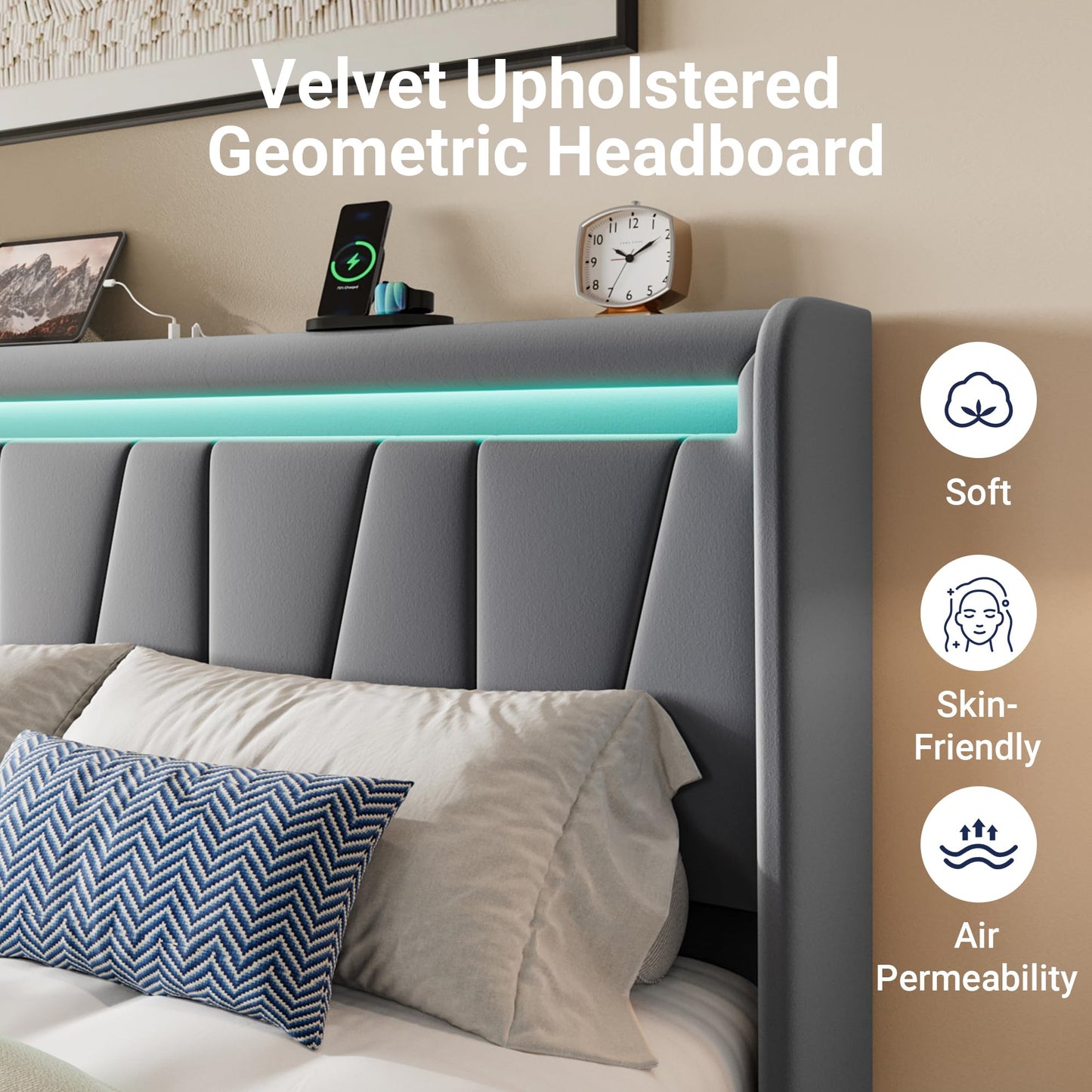 Allewie King Size LED Bed Frame with Charging Station, Velvet Upholstered Platform Bed with Geometric Wingback Headboard, Modern Frame with No Box Spring Needed, Easy Assembly, Grey