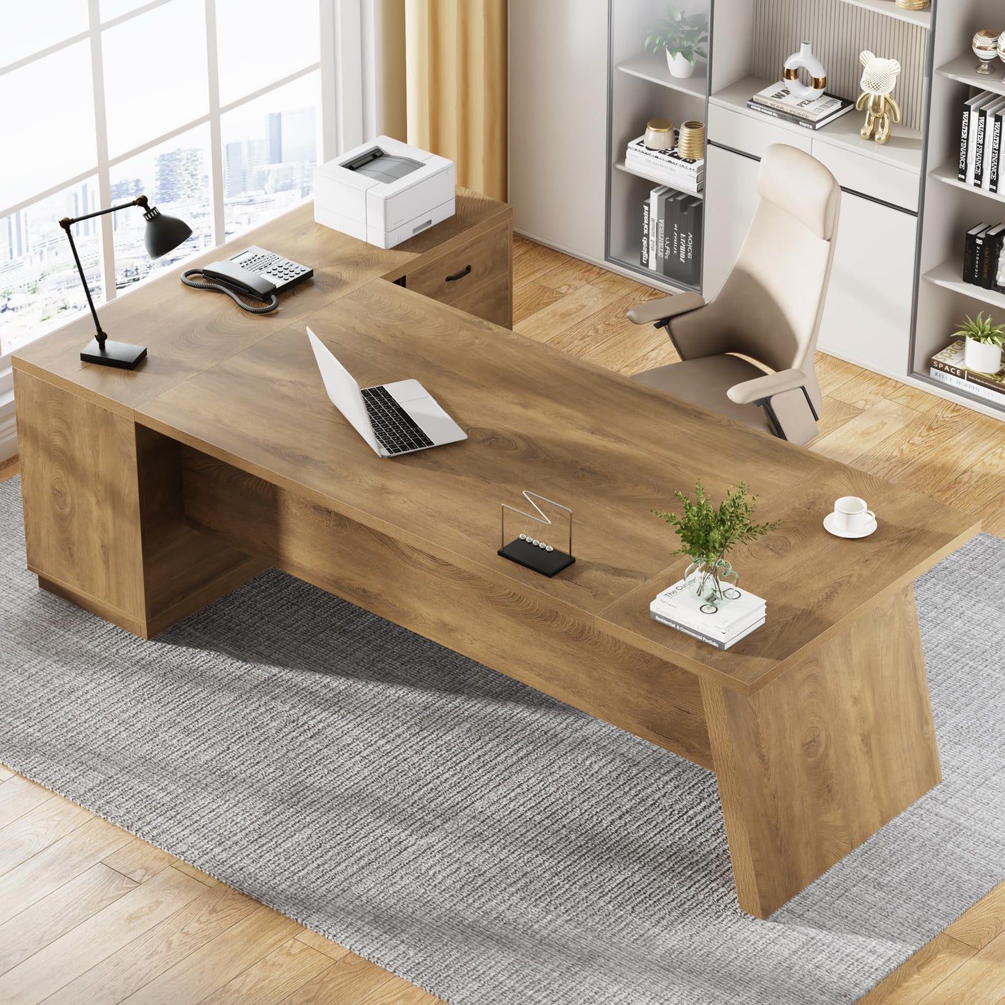 Tribesigns 78" L-Shaped Executive Desk, Large Modern Office Desk with Drawers and Lateral File Cabinet, Business Furniture with Storage Shelves, Big Computer Table for Home Office (Brown)