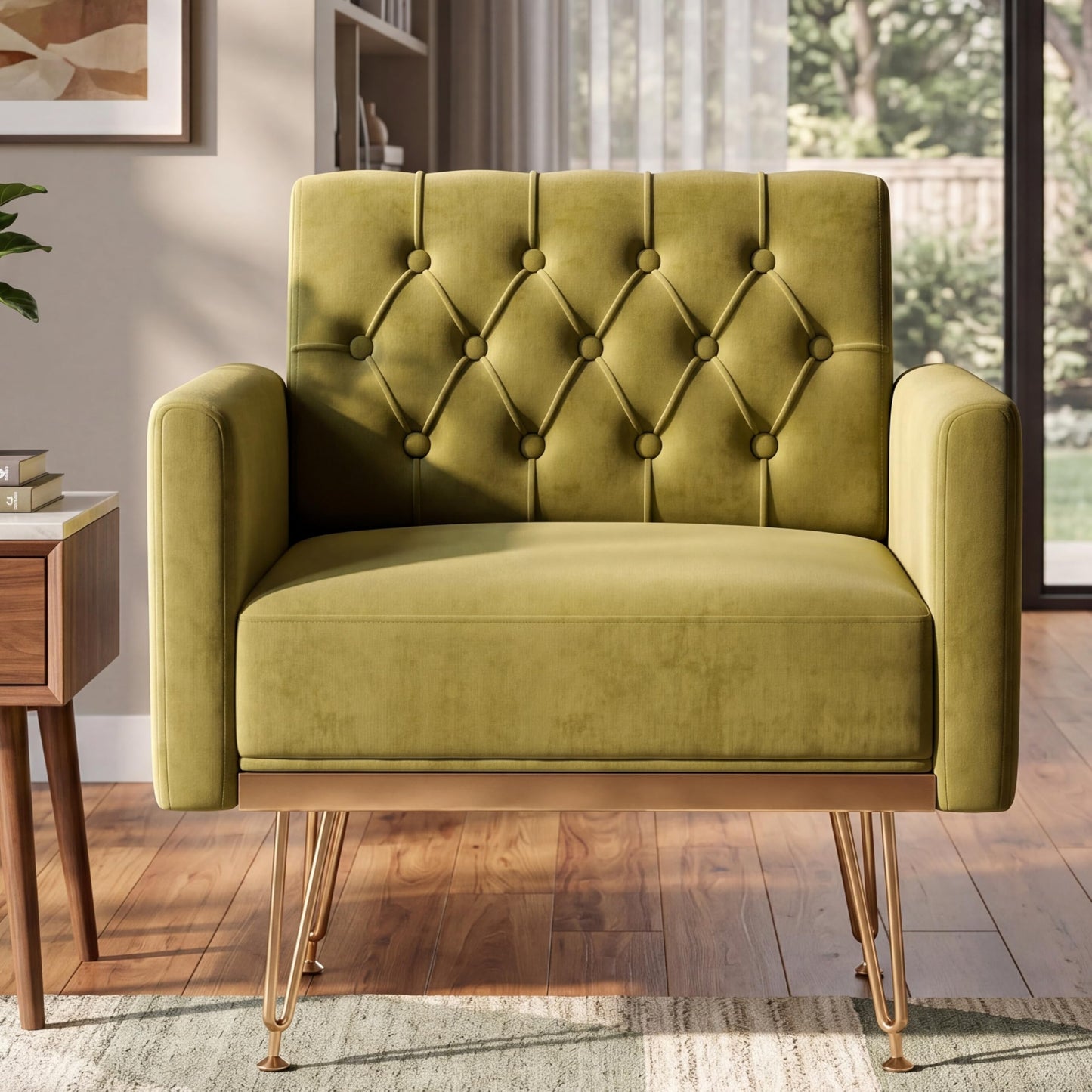 KEIKI Small Velvet Accent Chair, 31 Inch Modern Tufted Upholstered Armchair with Metal Leg, Comfortable Single Sofa Side Reading Chairs, Comfy Arm Chair for Bedroom Living Room, Easy Assembly, Green