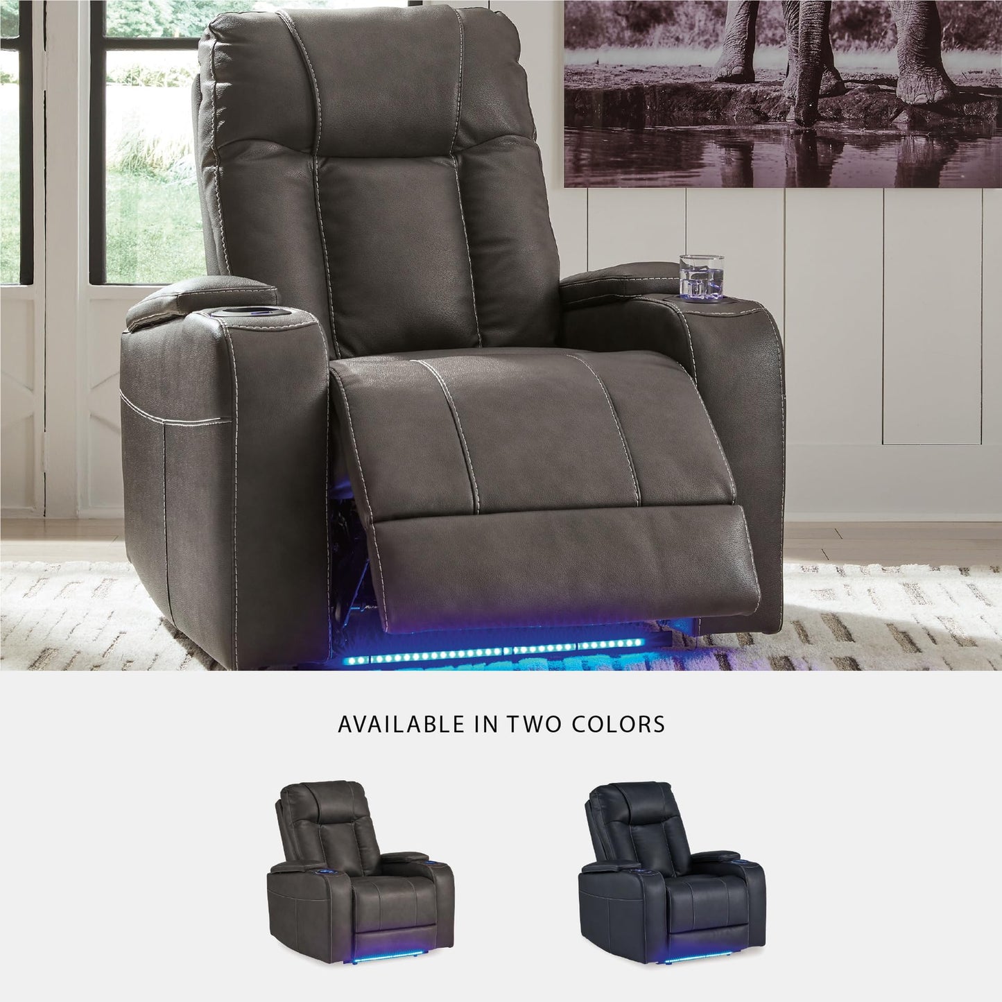 Signature Design by Ashley Feazada Recliner, Power Reclining with Adjustable Headrest, LED Cup Holders, Flip‑Top Storage Armrests and Faux Leather Upholstery for Home Theater Comfort