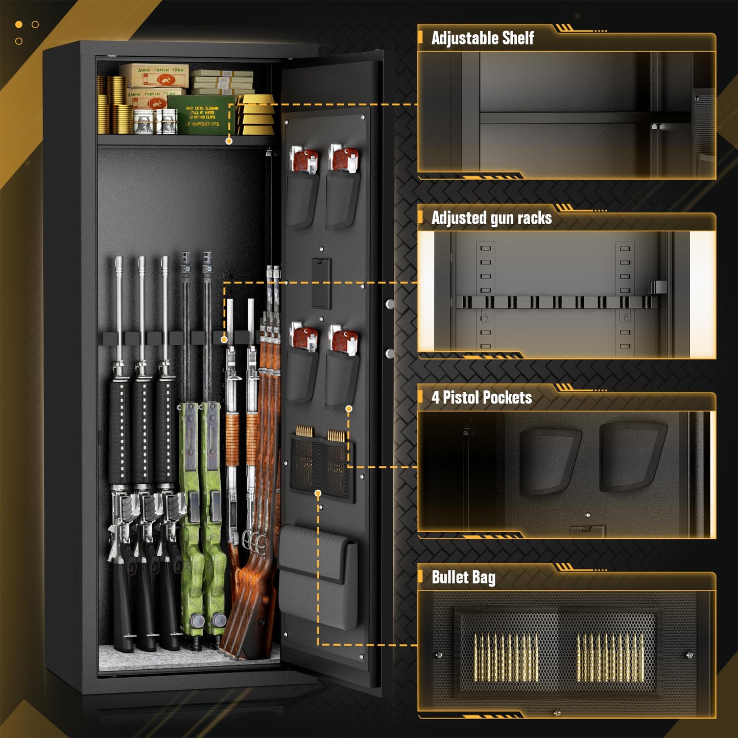 INTERGREAT 12-15 Gun Safe, Large Gun Safe for Rifles and Pistols, Quick Access Rifle Safe with 3 Removable Gun Racks and 4 Pistol Pockets, Digital Gun Cabinet with Dual Alarm and Mute Mode