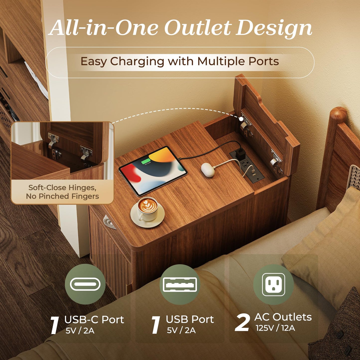 Huuger Narrow Nightstand with Charging Station, USB-C Port, Set of 2 Night Stand, Fluted End Table with Storage Cabinet, Back Rack, Side Table for Small Spaces, 13.4×23.6 Inch, Walnut