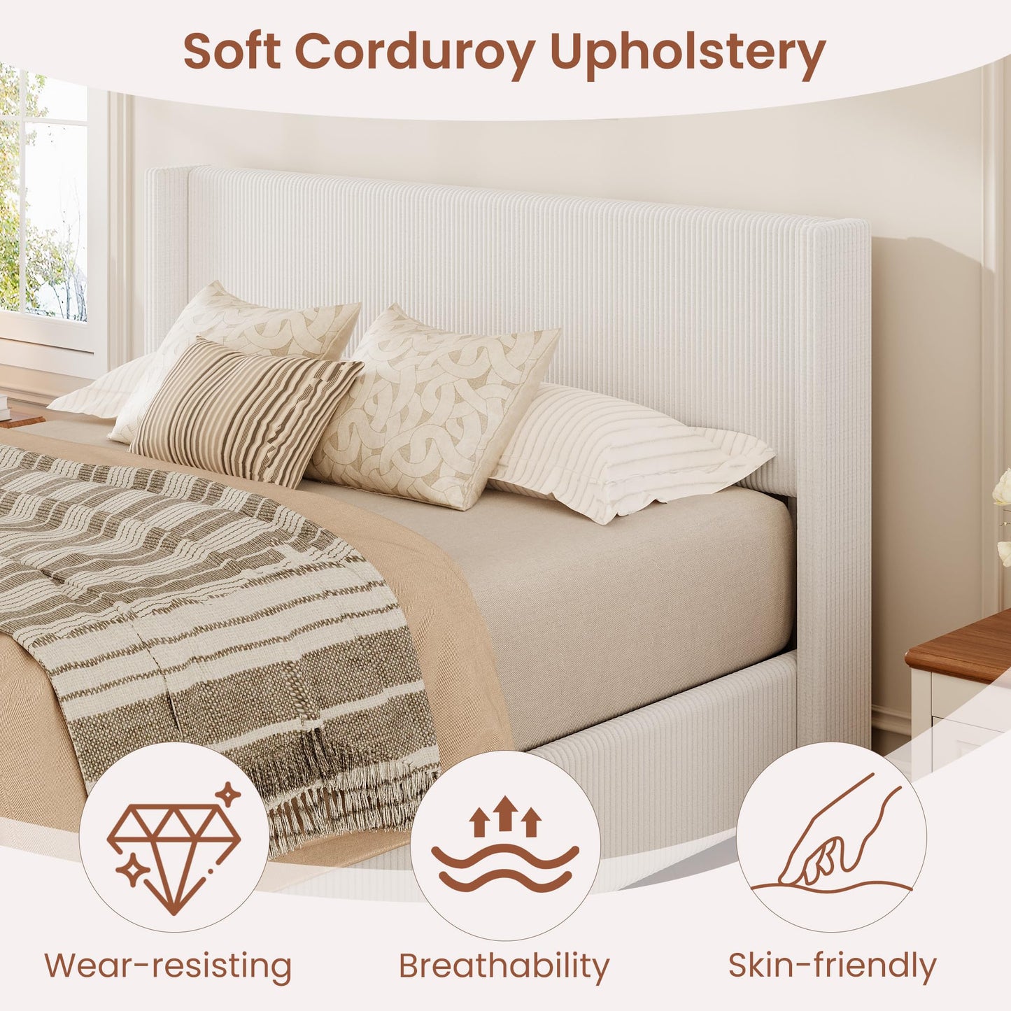 Garvee Queen Lift Up Storage Bed Frame, Corduroy Upholstered Platform Bed with Gas Lift, Padded Headboard, Wooden Slat Support, No Box Spring Needed, Easy Assembly, White