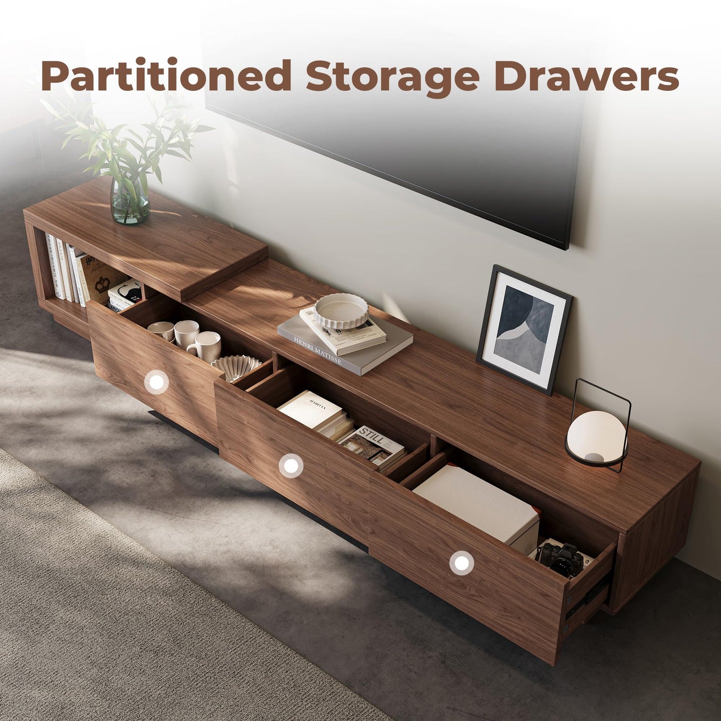 Etelifrank Extendable TV Stand for 65-100 Inches TVs – Walnut Entertainment Console with 3 Drawers & 1 Storage Compartment, Adjustable Length 68.5''-98.4'' (Walnut, 68.5''-98.4'')