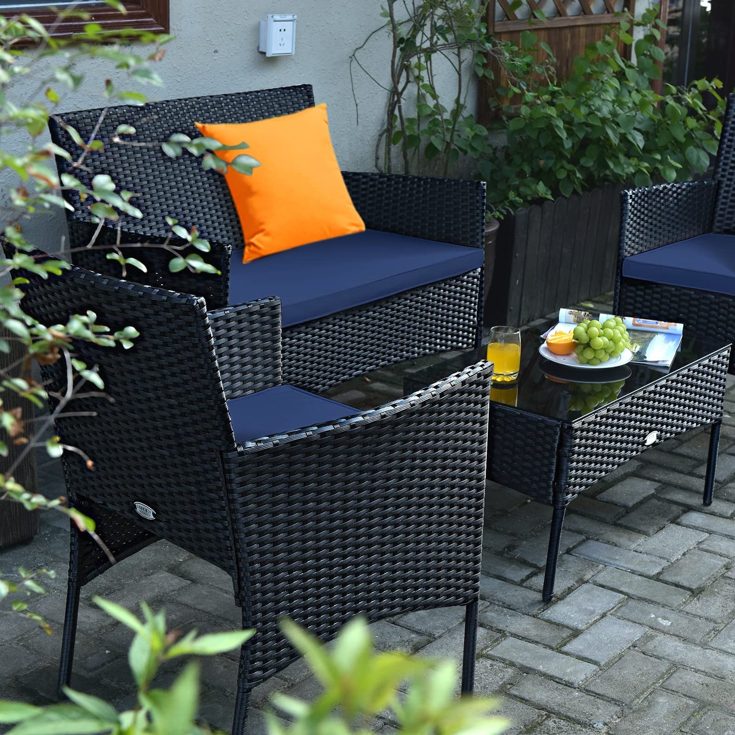 Tangkula 4 Pieces Patio Furniture Set, Outdoor Wicker Conversation Set with Tempered Glass Tabletop, Rattan Sofa and Chairs Set with Off White & Navy Cushion Covers