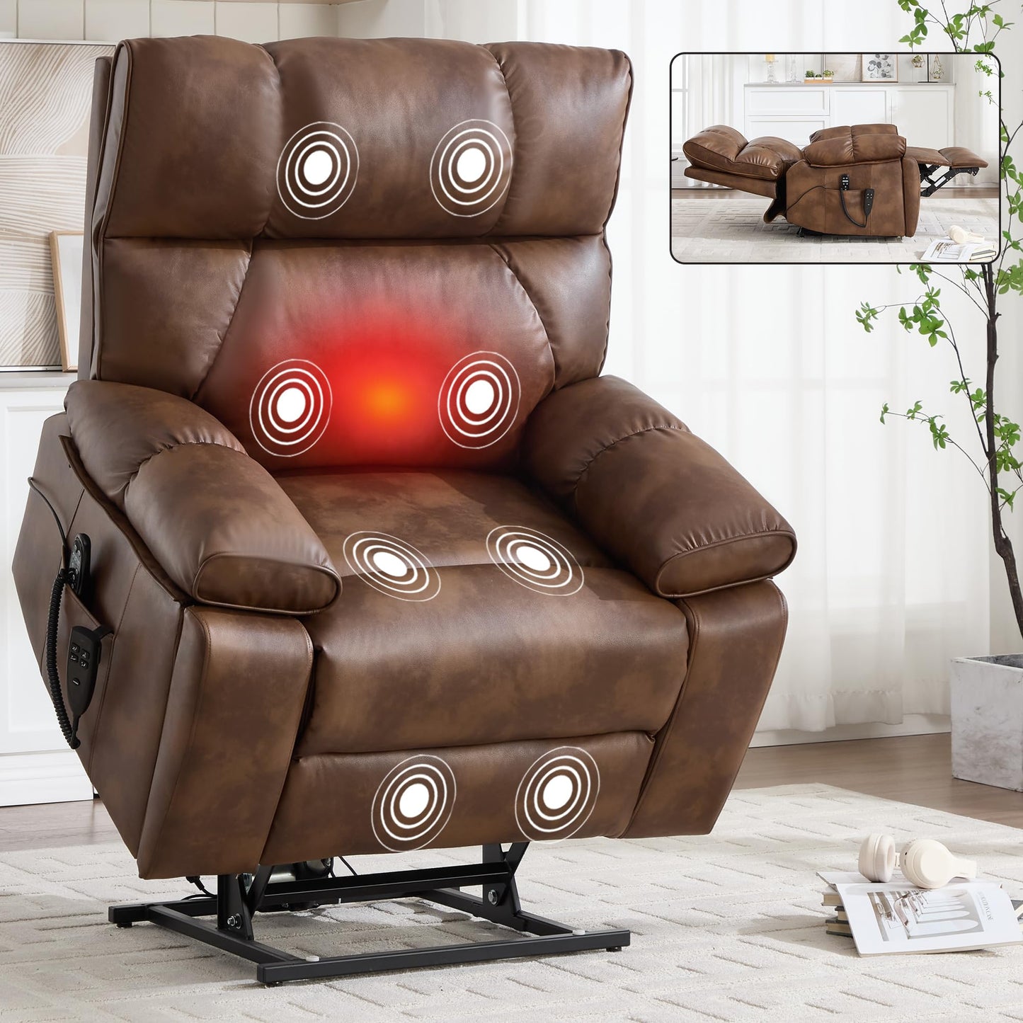 KEIKI Leatheraire Oversized Electric Power Lift Recliner Chair with Heat & Massage, Dual Motor, Infinite Positions, Hidden Cup Holders, Medium-Firm, Heavy Duty Up to 350 lbs, Light Brown