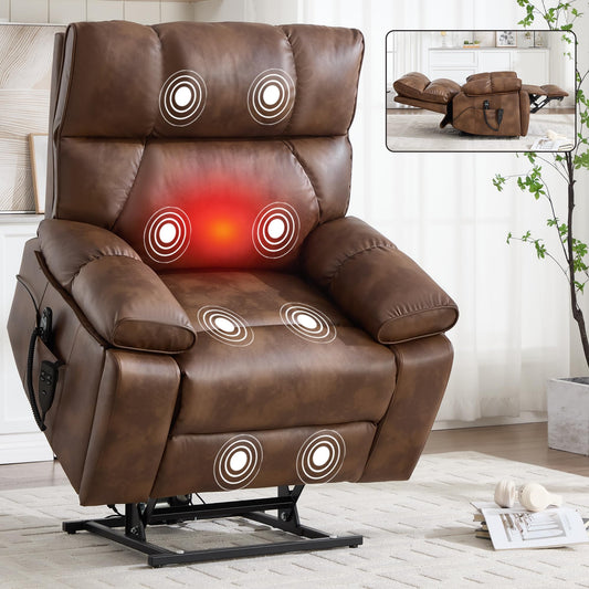 KEIKI Leatheraire Oversized Electric Power Lift Recliner Chair with Heat & Massage, Dual Motor, Infinite Positions, Hidden Cup Holders, Medium-Firm, Heavy Duty Up to 350 lbs, Light Brown