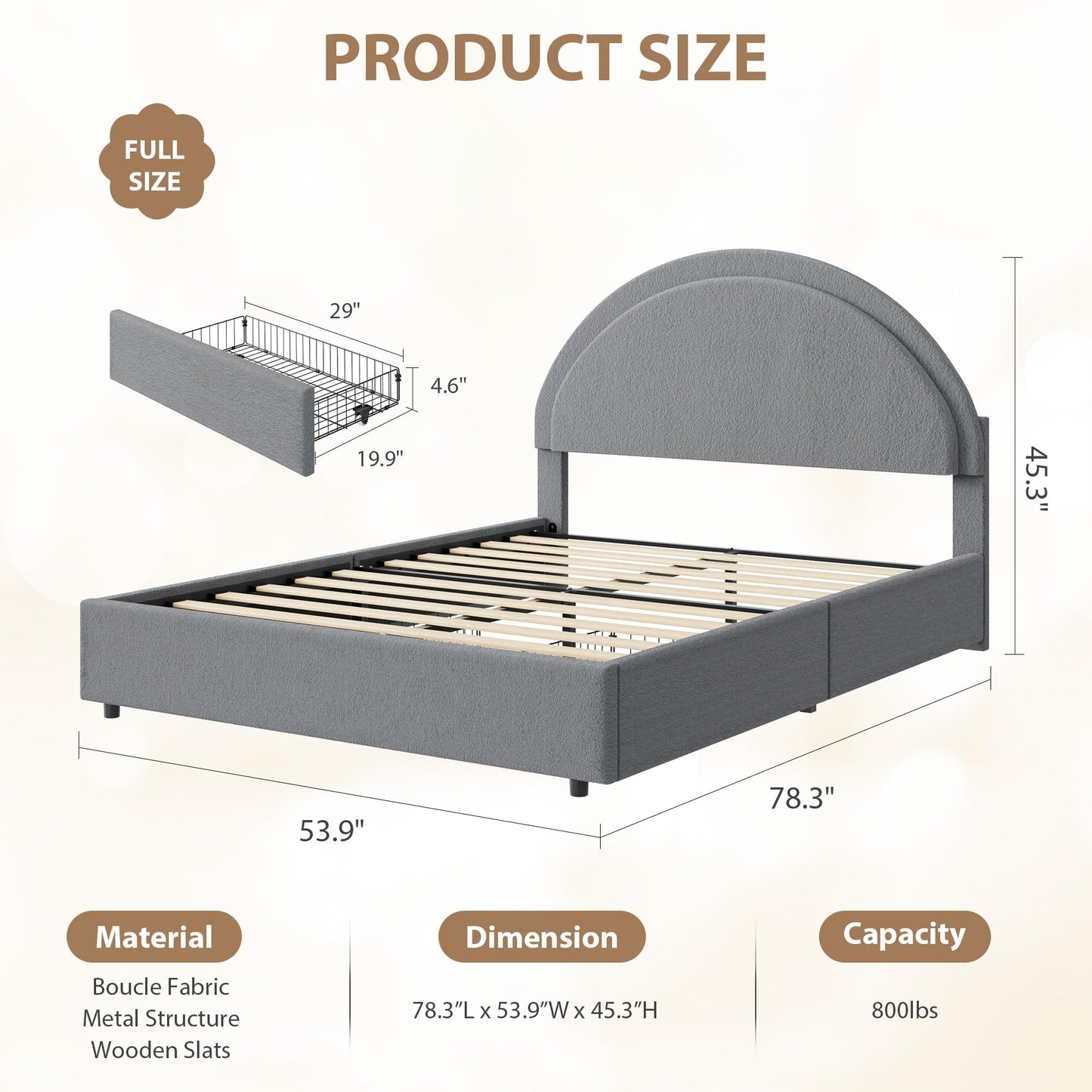 Garvee Full Size Bed Frame with Storage Drawers, Upholstered Boucle Platform Bed with Round Headboard, Heavy Duty & Noise Free, No Box Spring Needed, Grey