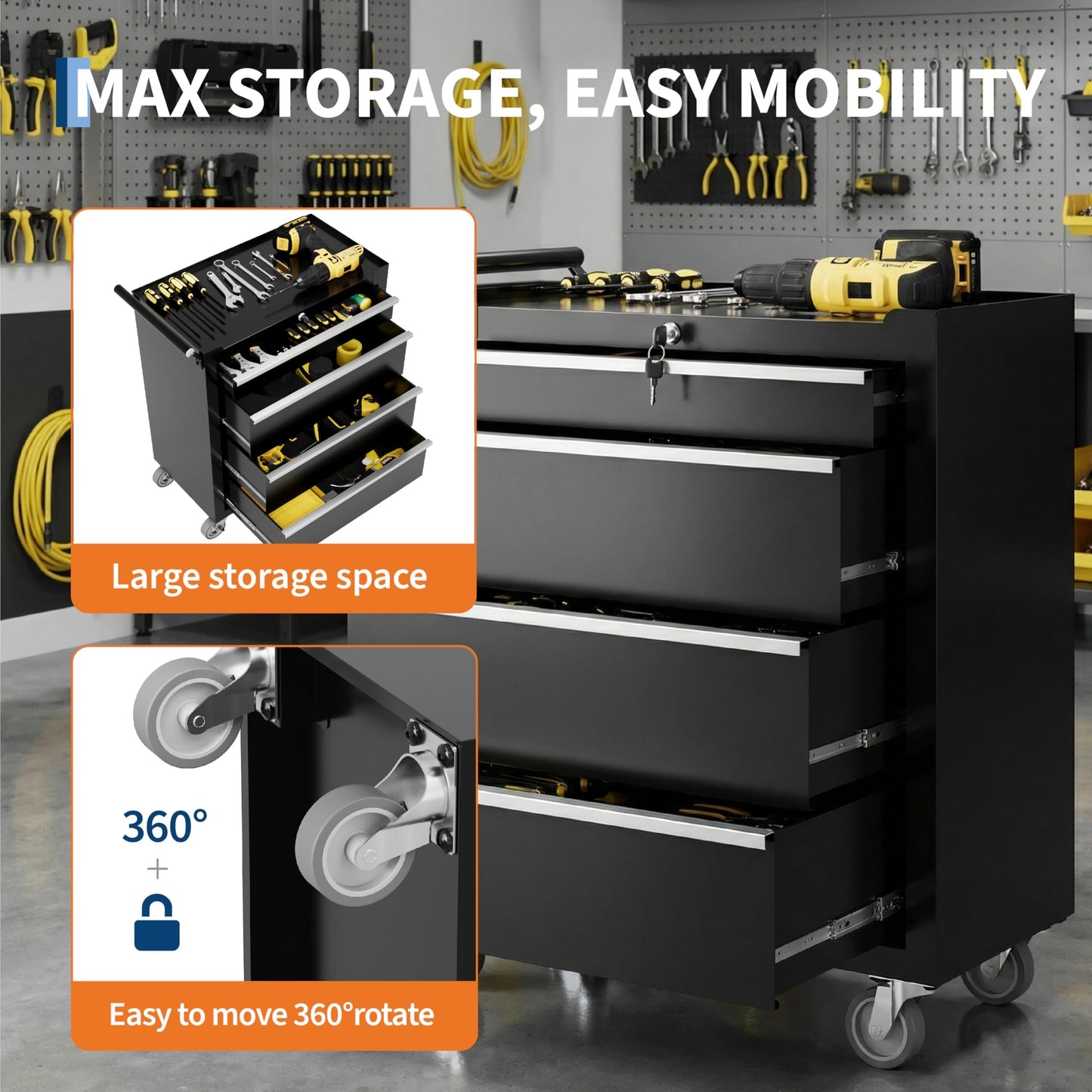 SierraSquad Rolling Tool Chest, 4-Drawer Tool Storage Cabinet, Tool Box with Wheels, Lock System and Drawer Liners, Tool Cart for Warehouse, Workshop and Repair Shop, Black