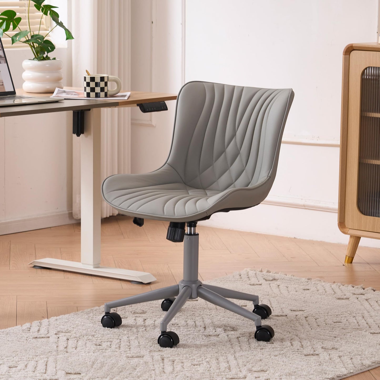 YOUTASTE Grey Armless Office Chair, Modern Adjustable Swivel Desk Chair with Wheels, Upholstered PU Leather, Gray Metal Legs, Back Support for Home Office, Study, Vanity, Bedroom