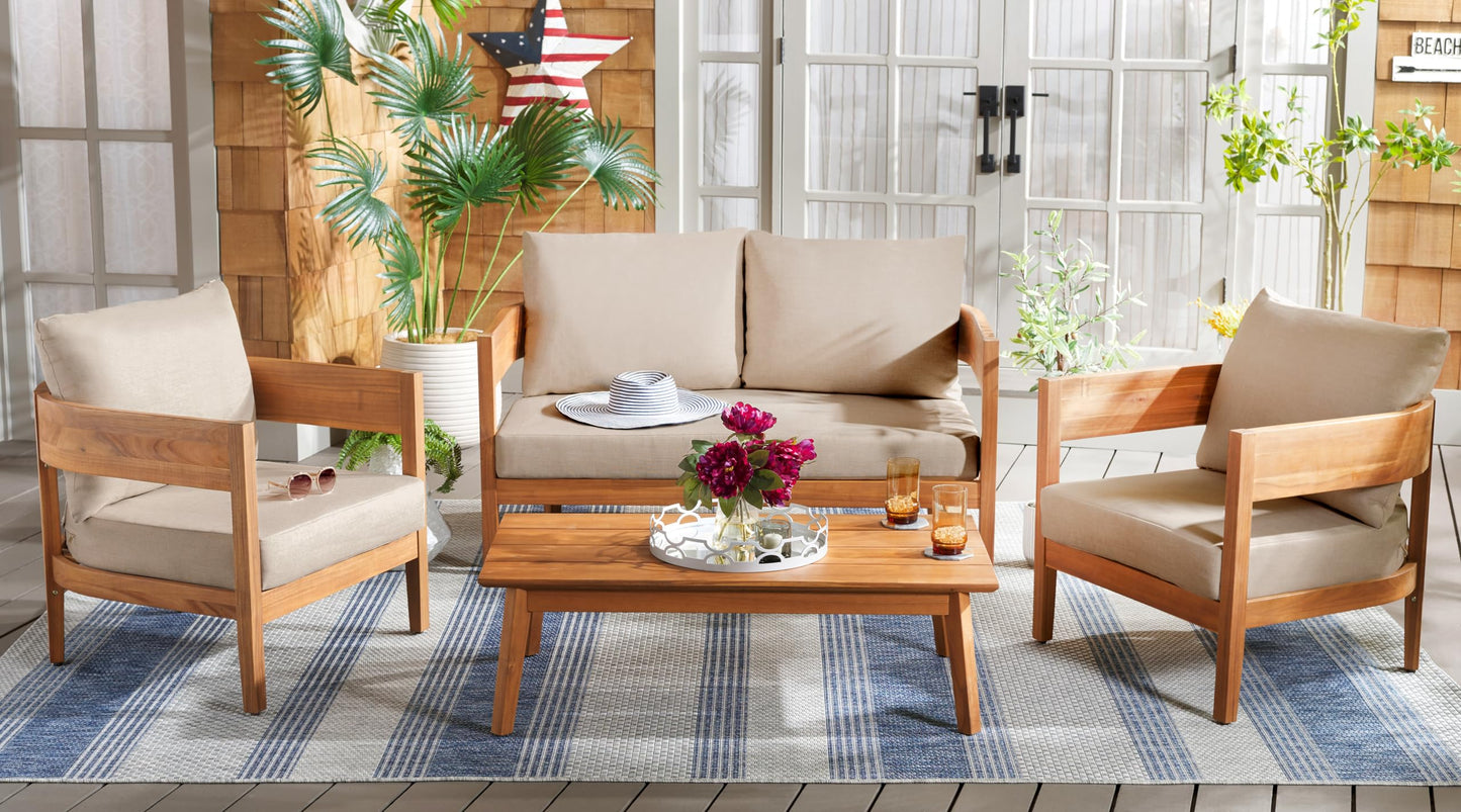 SAFAVIEH Outdoor Patio Furniture - Theo 4-Piece Set - Sand & Taupe - Acacia Wood - Conversation Set with Detachable Cushion Covers - Ideal for Patio, Deck, Porch, Backyard (PAT9511A-KIT2)