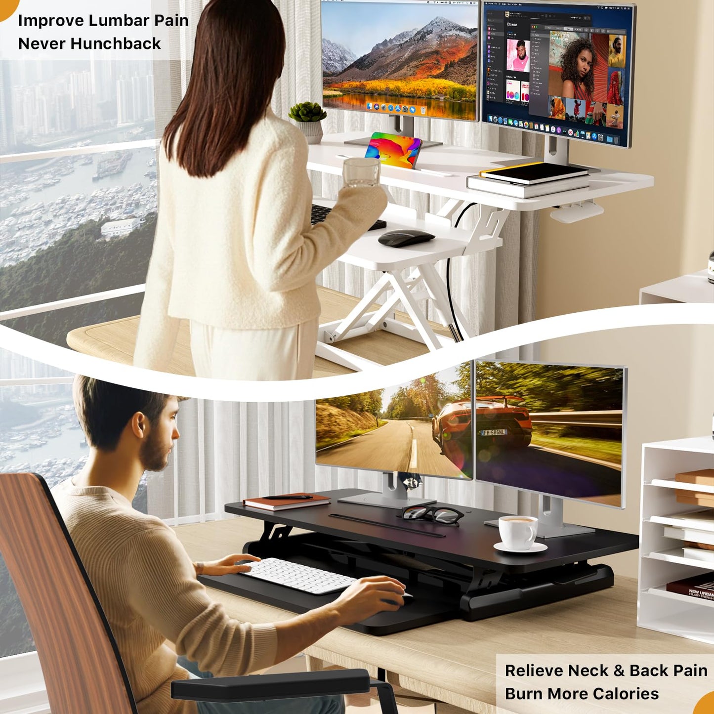 JOY worker Standing Desk Converter, 35" Wide Height Adjustable Sit Stand Up Desk Riser with Keyboard Tray, Desktop Workstation Riser for Home Office Computer Laptop, Particle Board, White